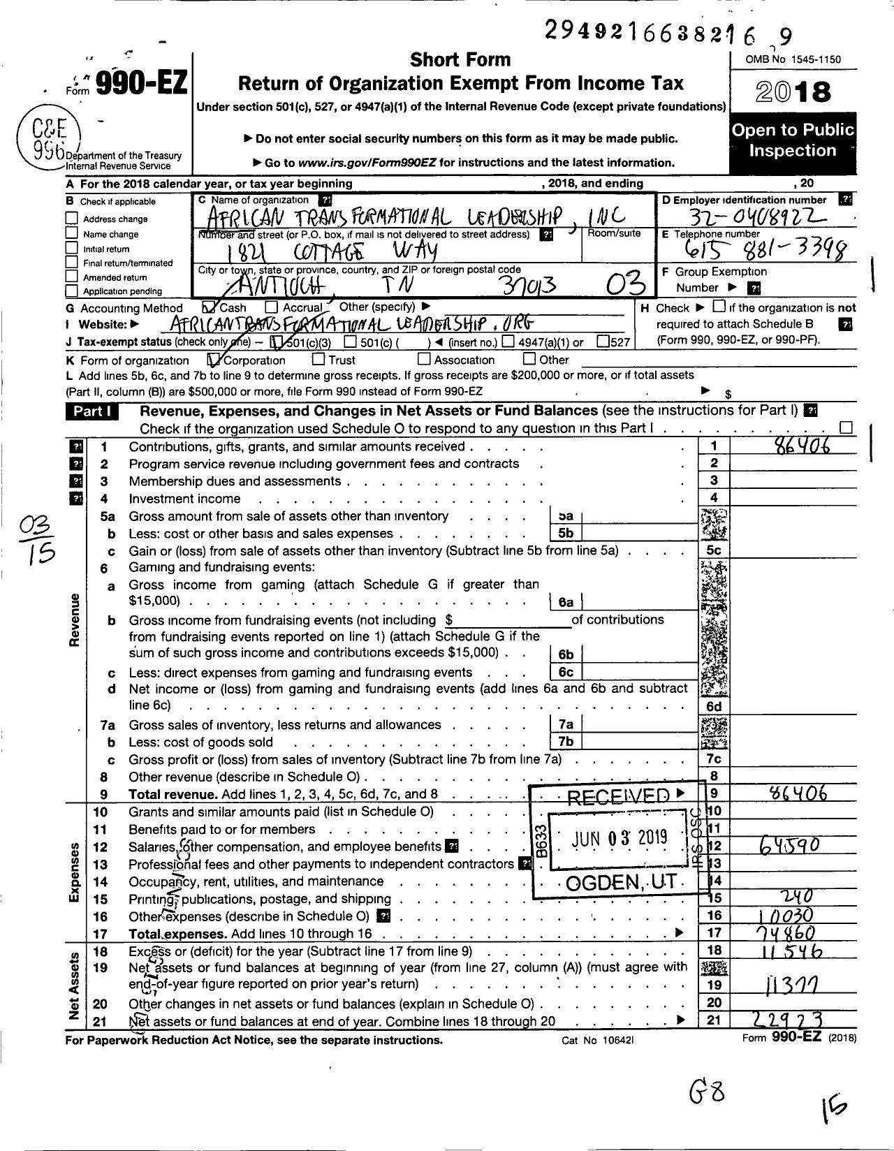 Image of first page of 2018 Form 990EZ for African Transformational Leadership