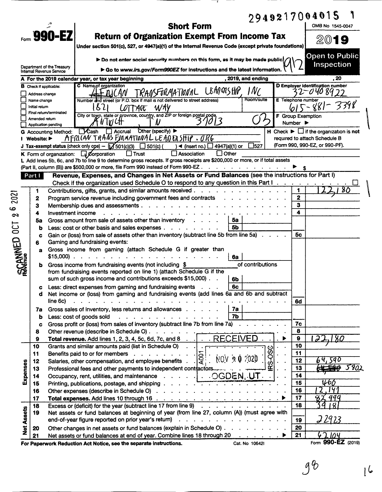 Image of first page of 2019 Form 990EZ for African Transformational Leadership