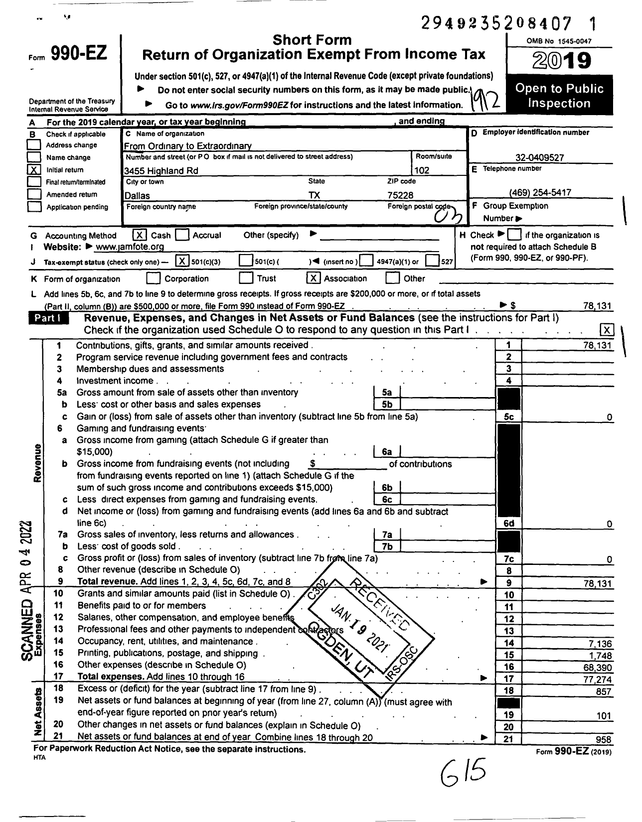 Image of first page of 2019 Form 990EZ for From Ordinary to Extraordinary