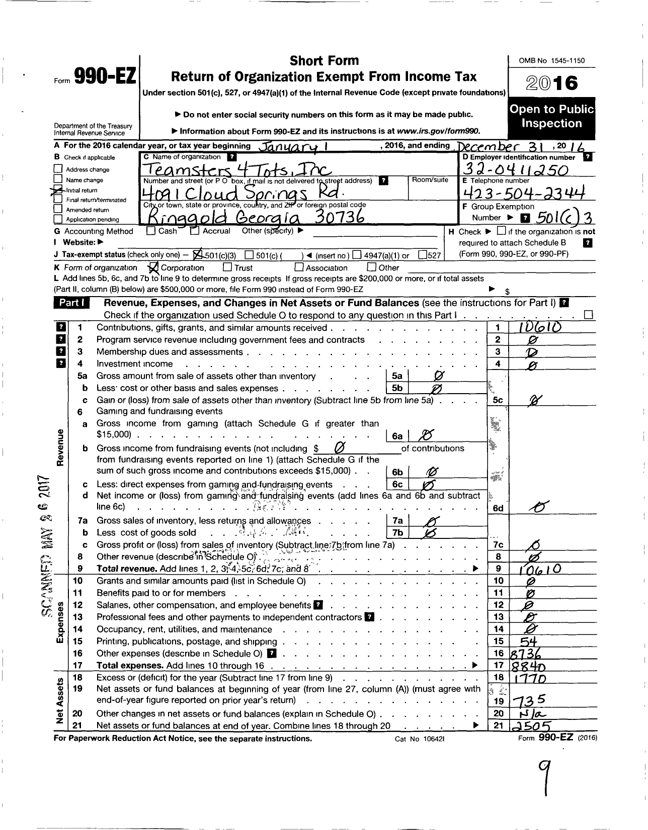 Image of first page of 2016 Form 990EZ for Teamsters 4 Tots