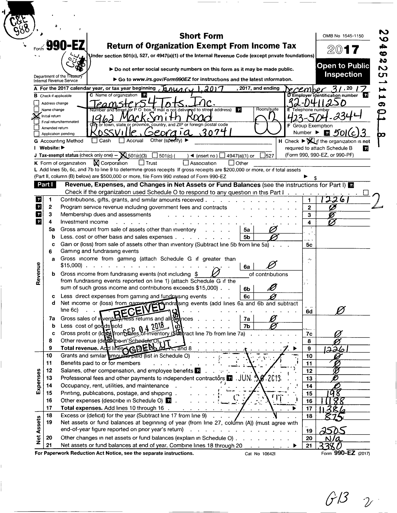 Image of first page of 2017 Form 990EZ for Teamsters 4 Tots
