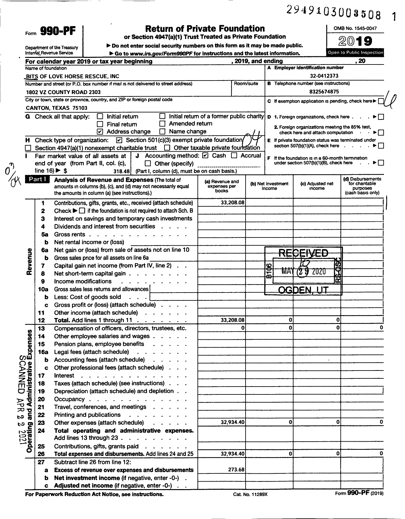 Image of first page of 2019 Form 990PF for Bits of Love Horse Rescue