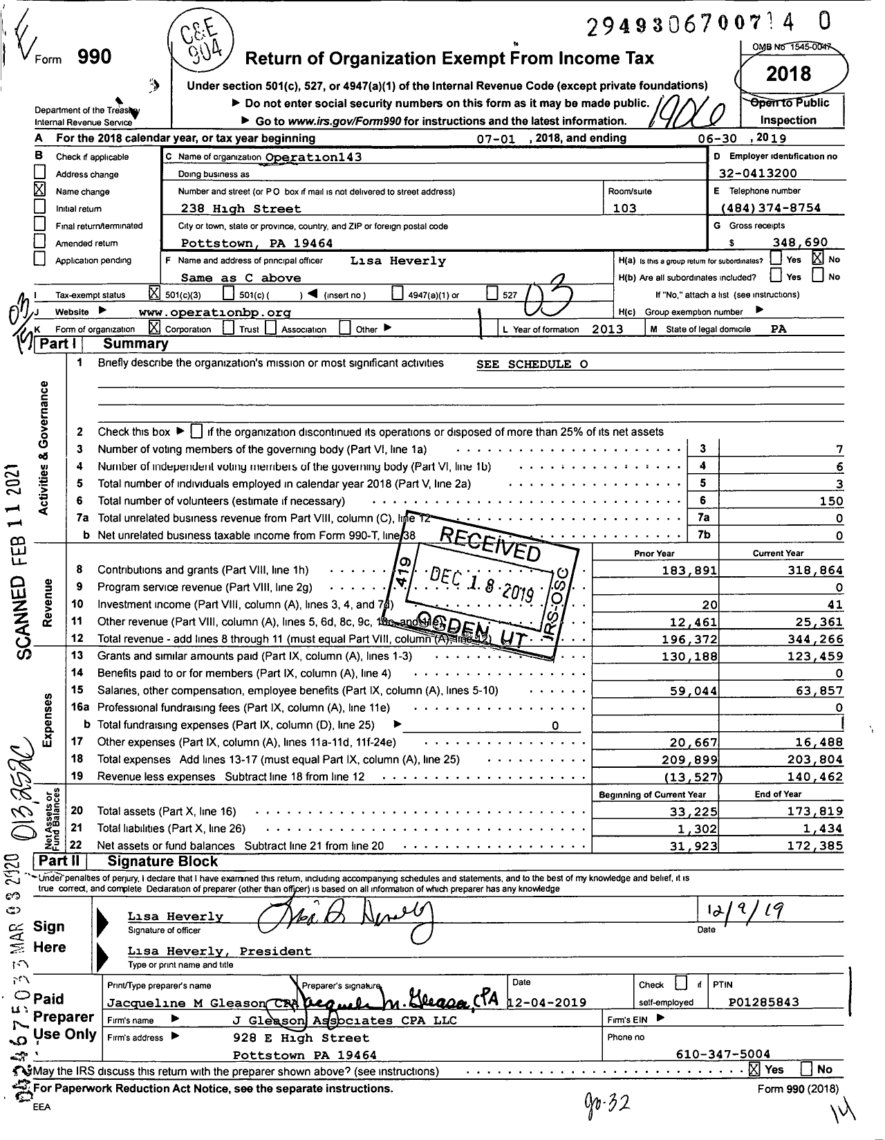 Image of first page of 2018 Form 990 for Operation143