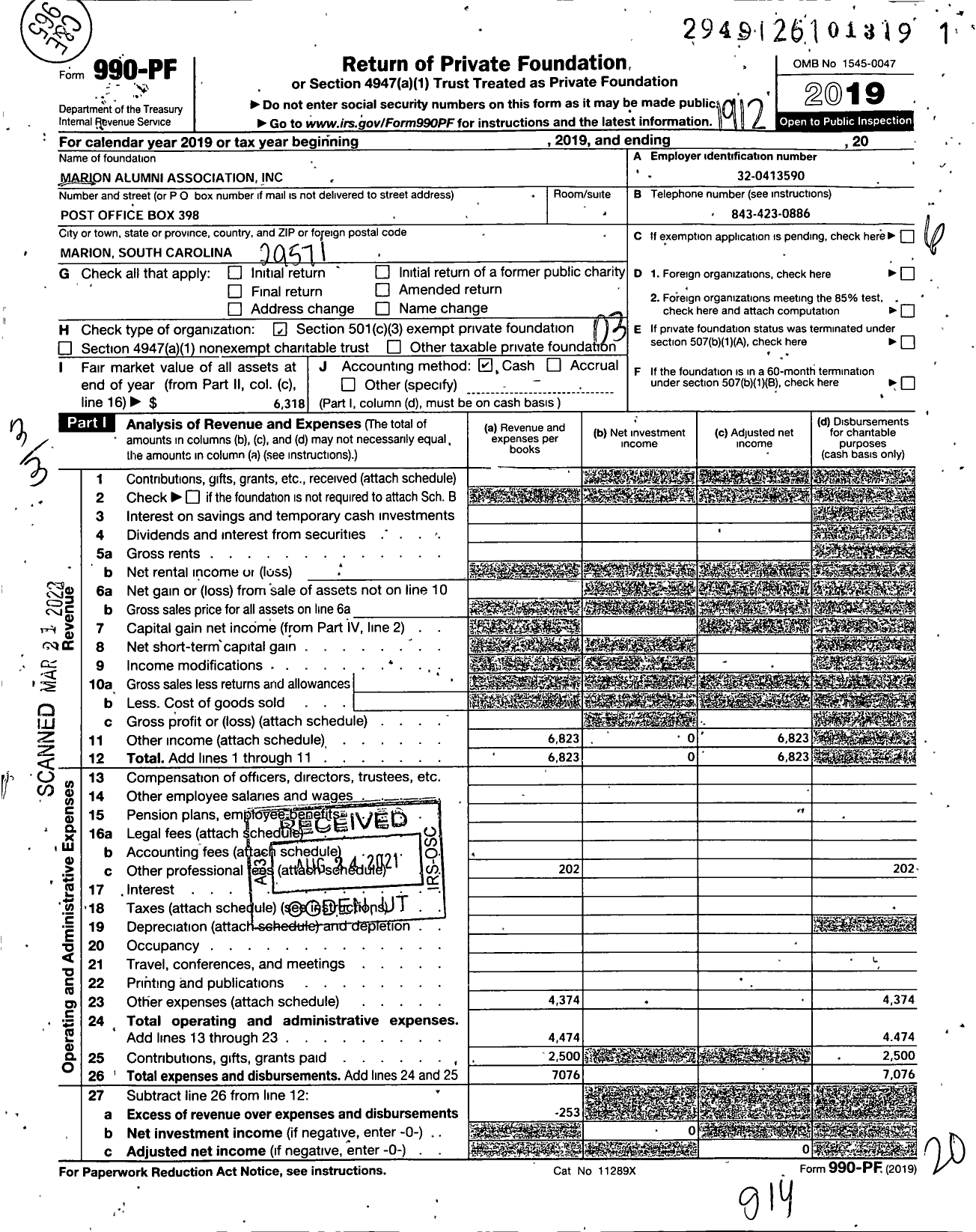 Image of first page of 2019 Form 990PF for Marion Alumni Association