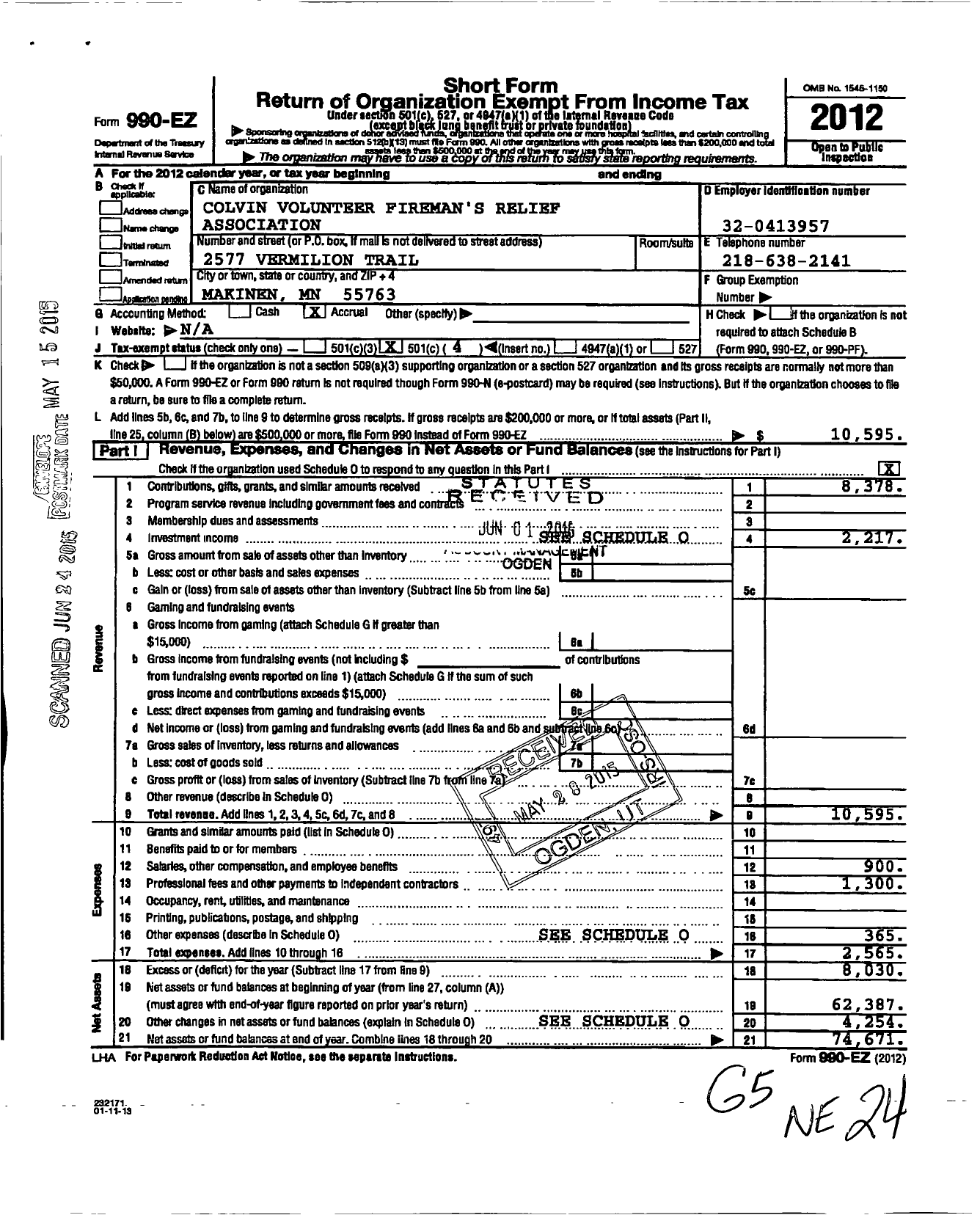 Image of first page of 2012 Form 990EO for Colvin Volunteer Firemens Relief Association