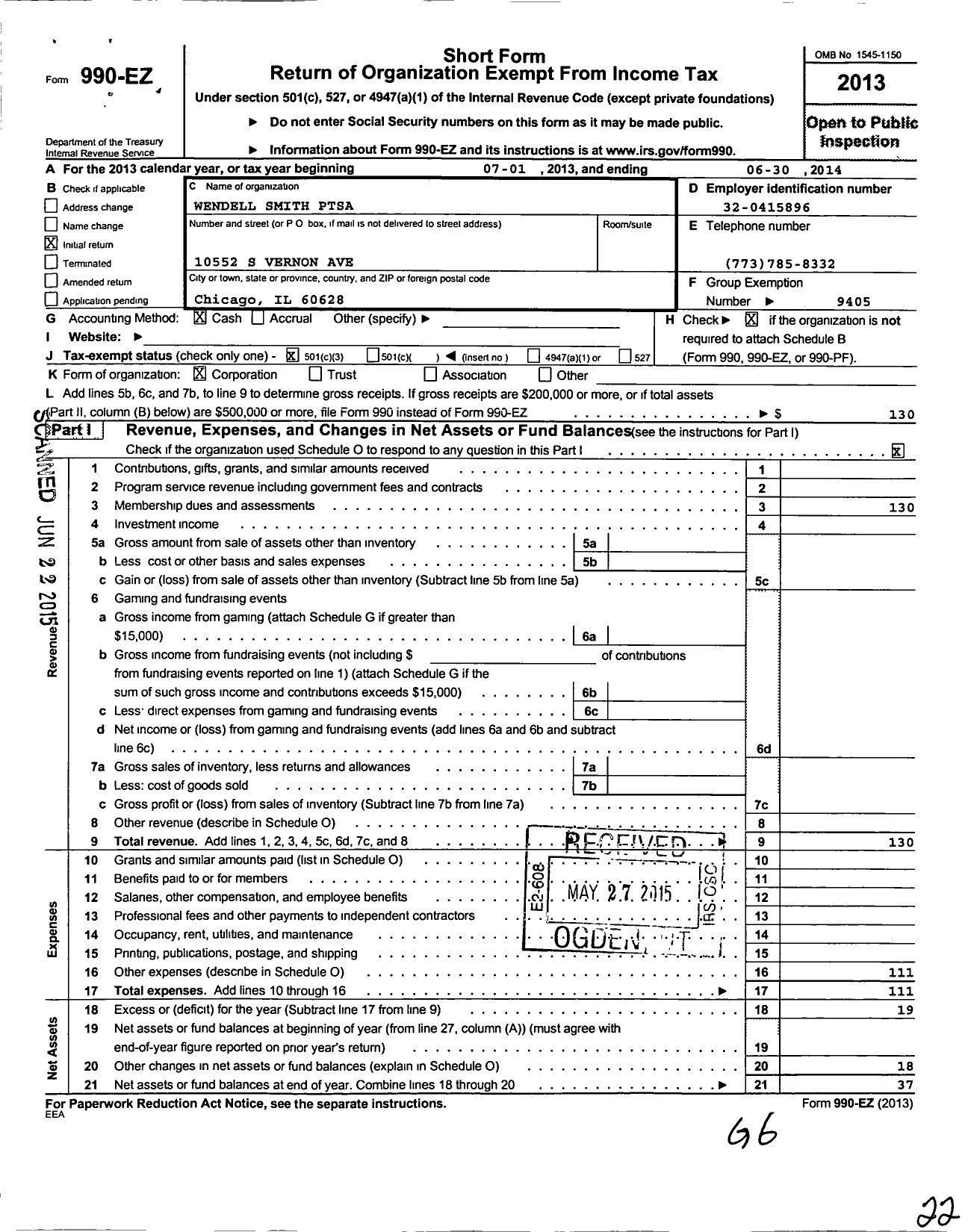 Image of first page of 2013 Form 990EZ for Illinois PTA - Wendell Smith Ptsa