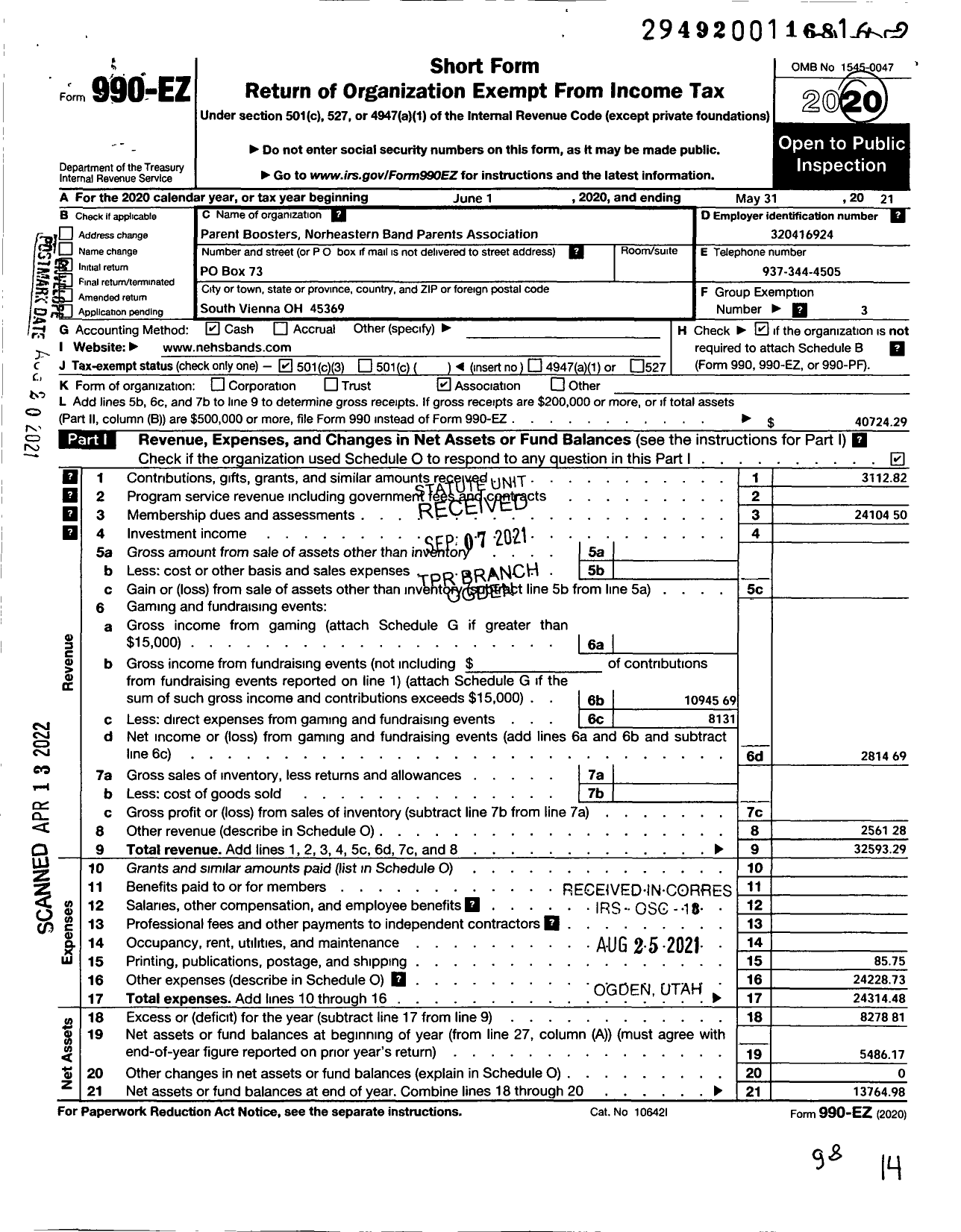 Image of first page of 2020 Form 990EZ for Parent Booster USA / Northeastern Band Parents Associati