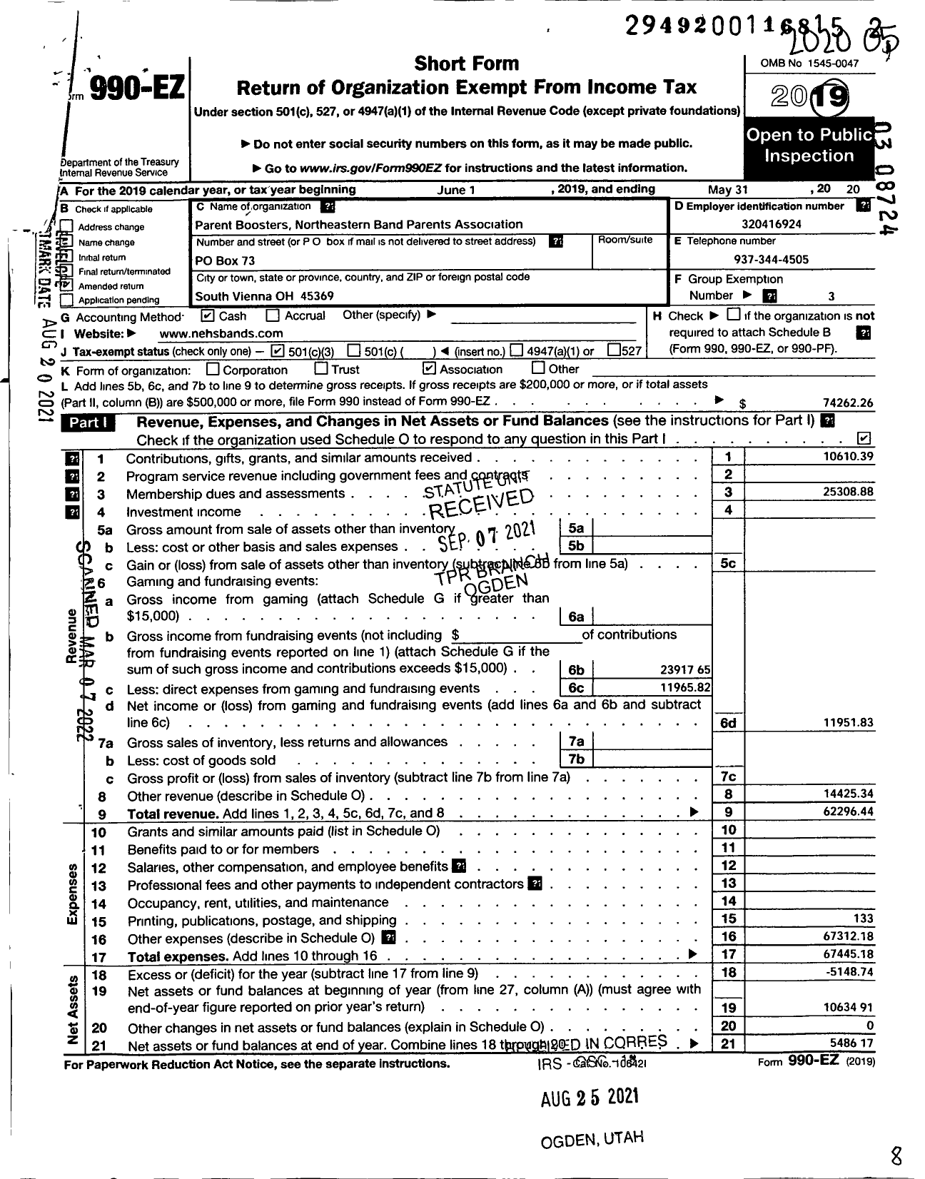 Image of first page of 2019 Form 990EZ for Parent Booster USA / Northeastern Band Parents Associati