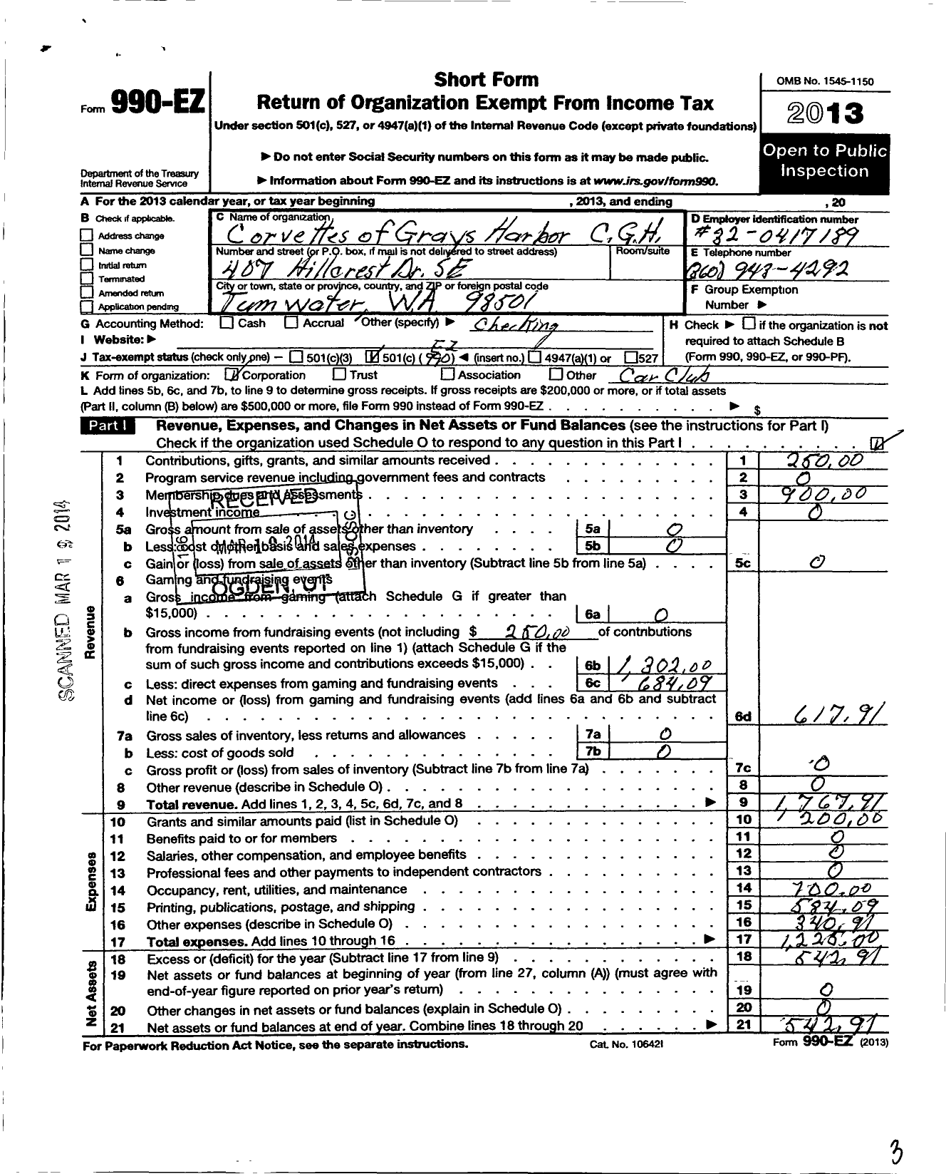 Image of first page of 2013 Form 990EO for Corvettes of Grays Harbor