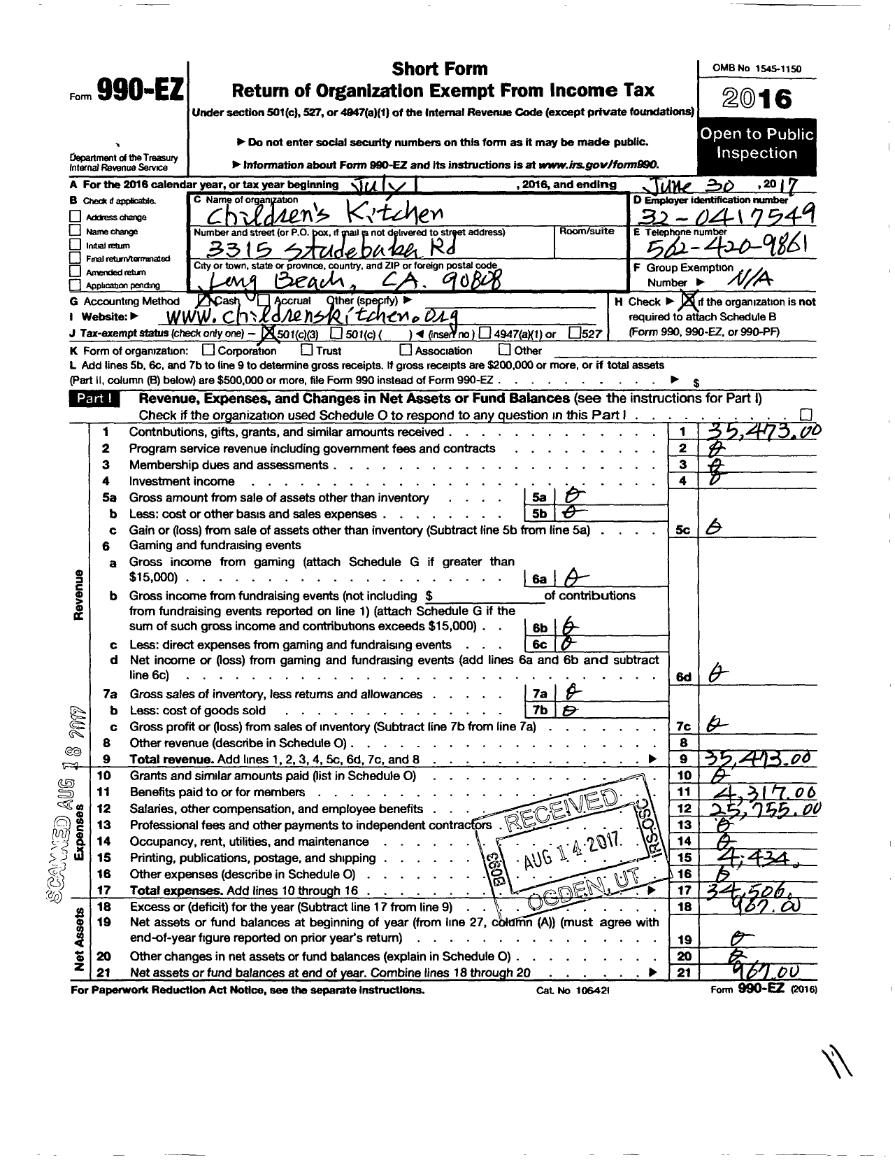 Image of first page of 2016 Form 990EZ for Childrens Kitchen