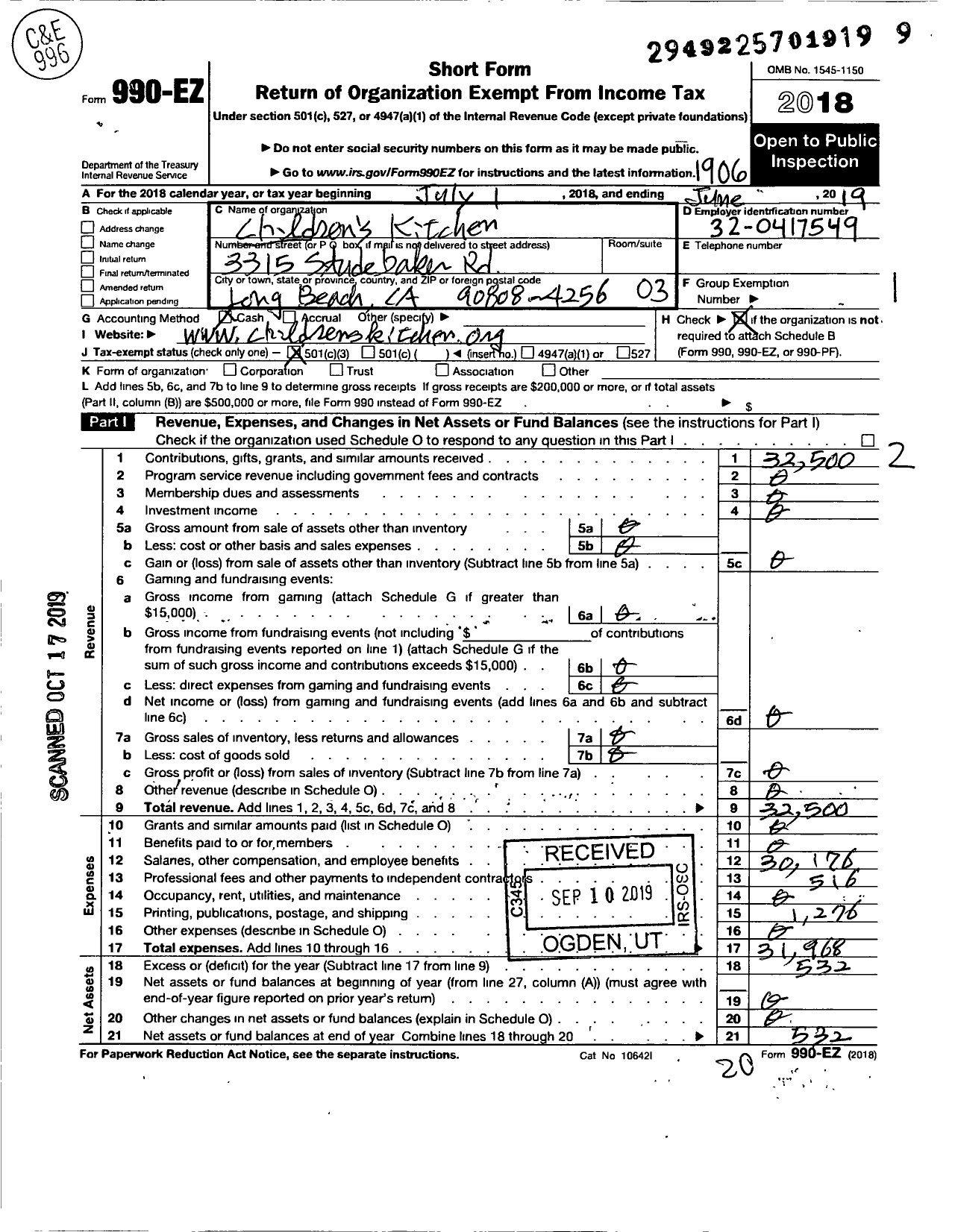 Image of first page of 2018 Form 990EZ for Childrens Kitchen