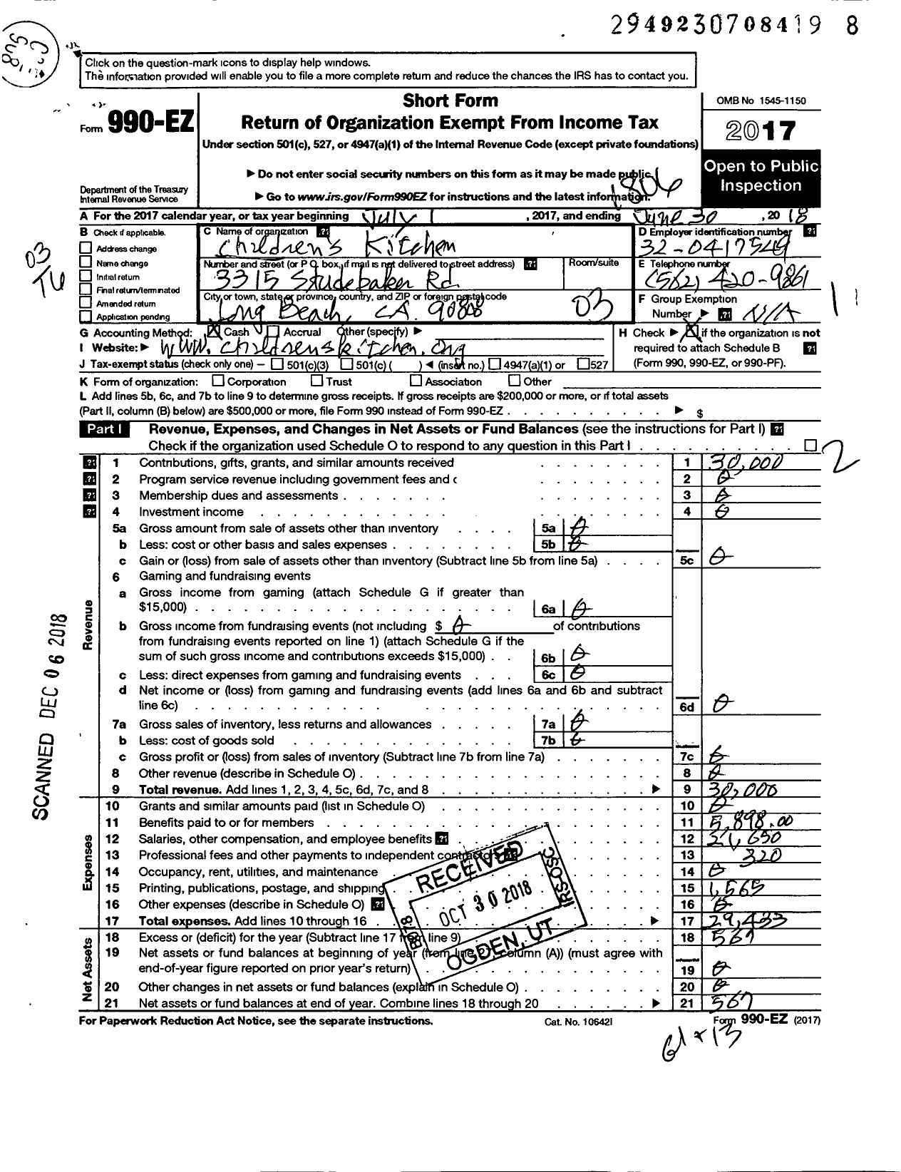 Image of first page of 2017 Form 990EZ for Childrens Kitchen