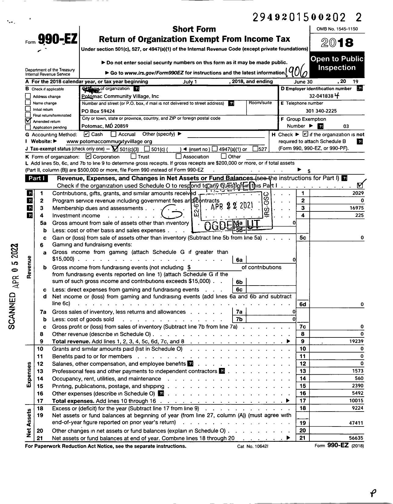 Image of first page of 2018 Form 990EZ for Potomac Community Village