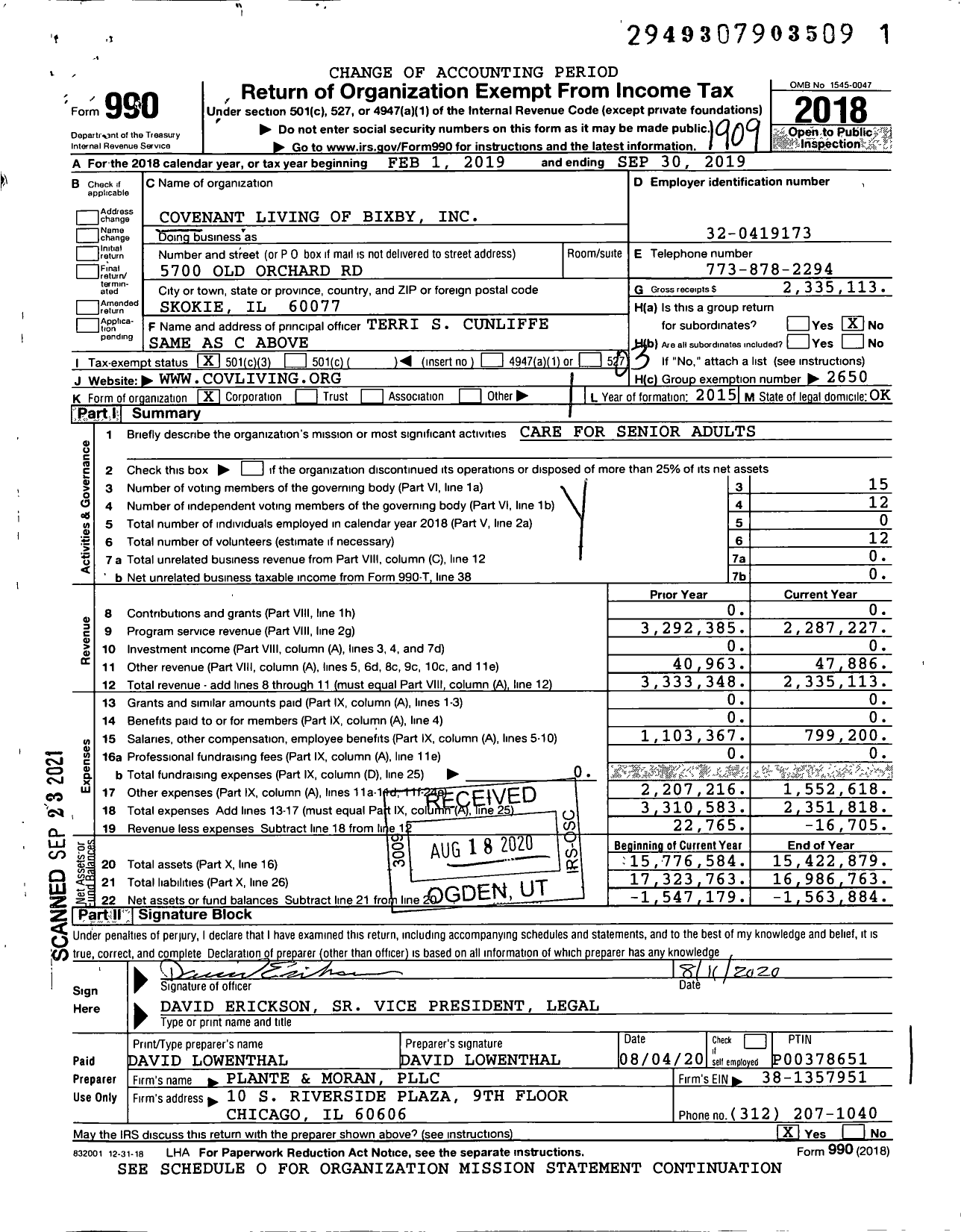 Image of first page of 2018 Form 990 for Covenant Living of Bixby