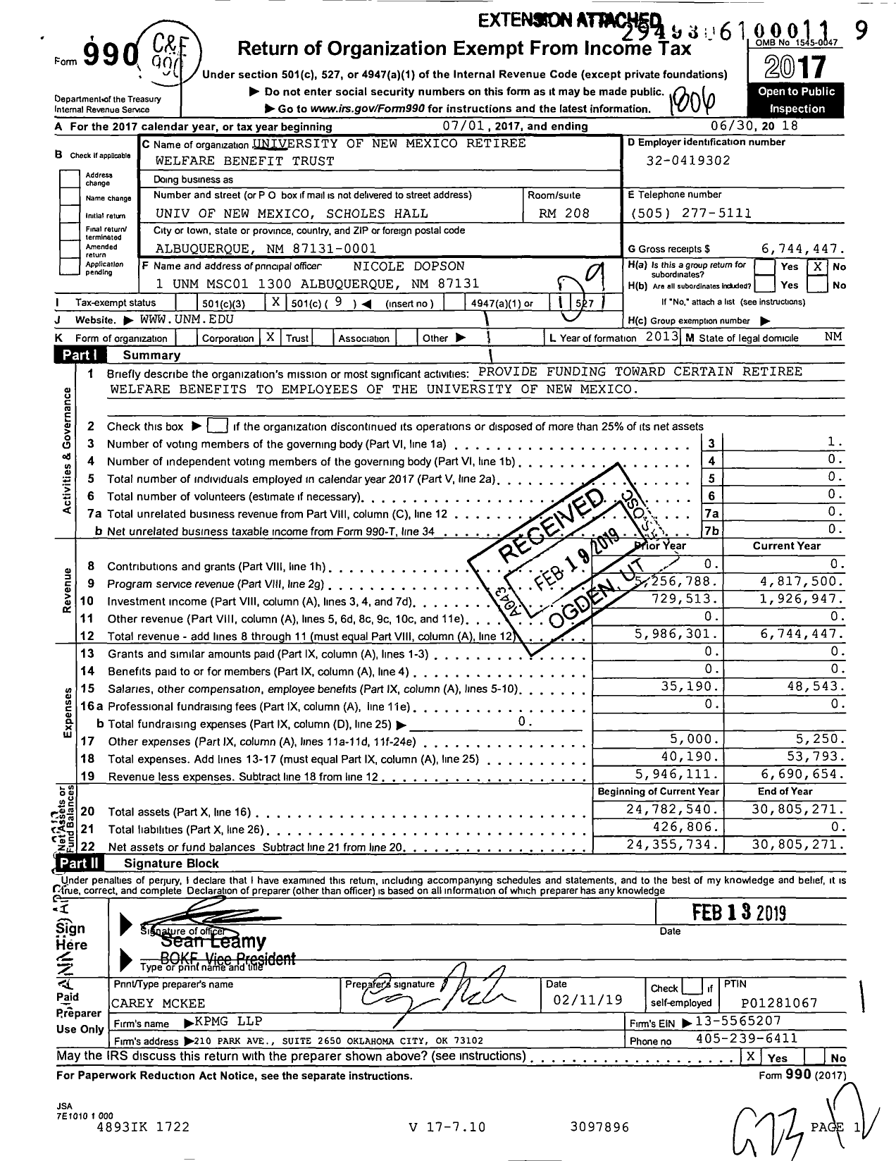 Image of first page of 2017 Form 990O for University of New Mexico Retiree Welfare Benefit Trust