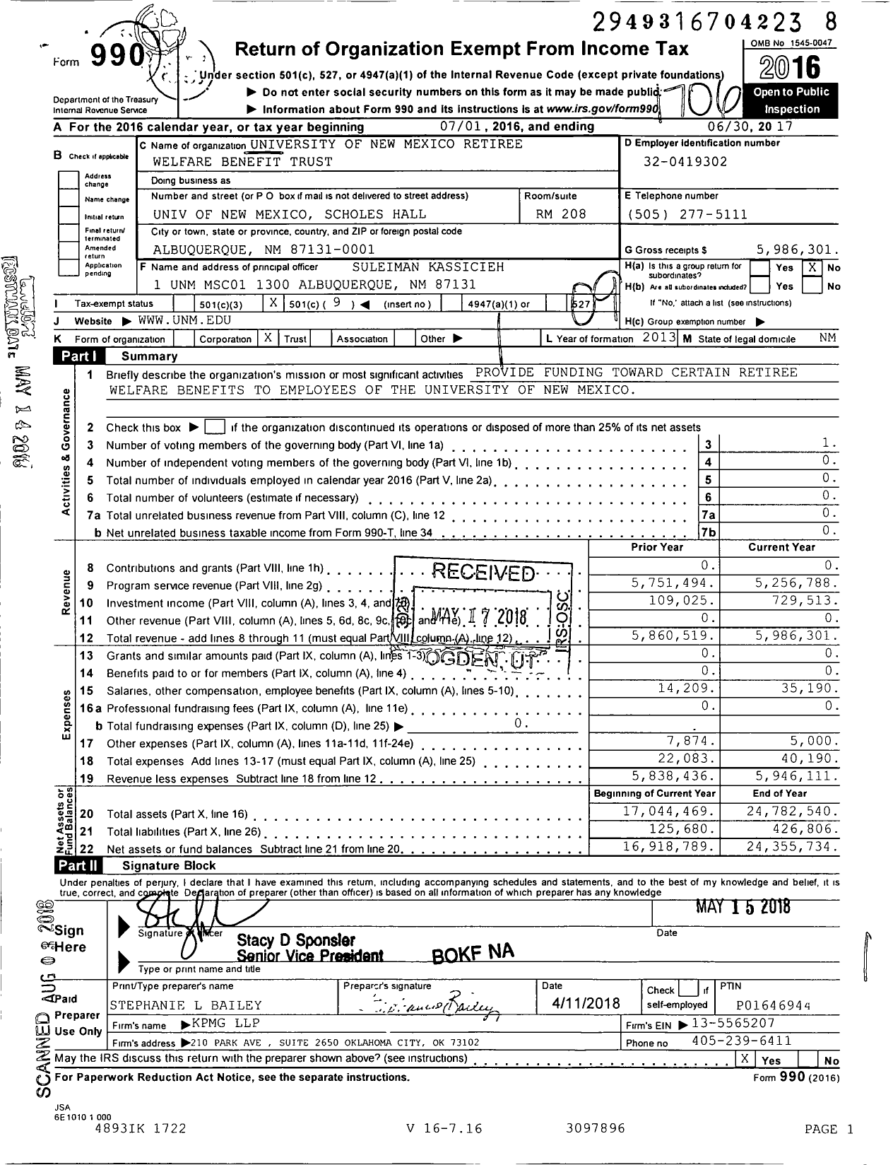 Image of first page of 2016 Form 990O for University of New Mexico Retiree Welfare Benefit Trust