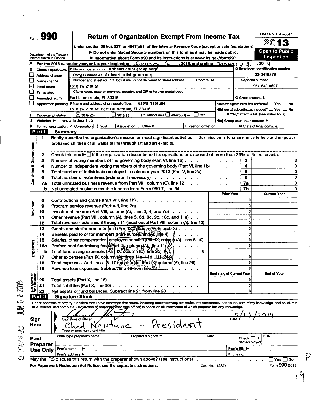 Image of first page of 2013 Form 990 for Artheart Artists Group Corporation