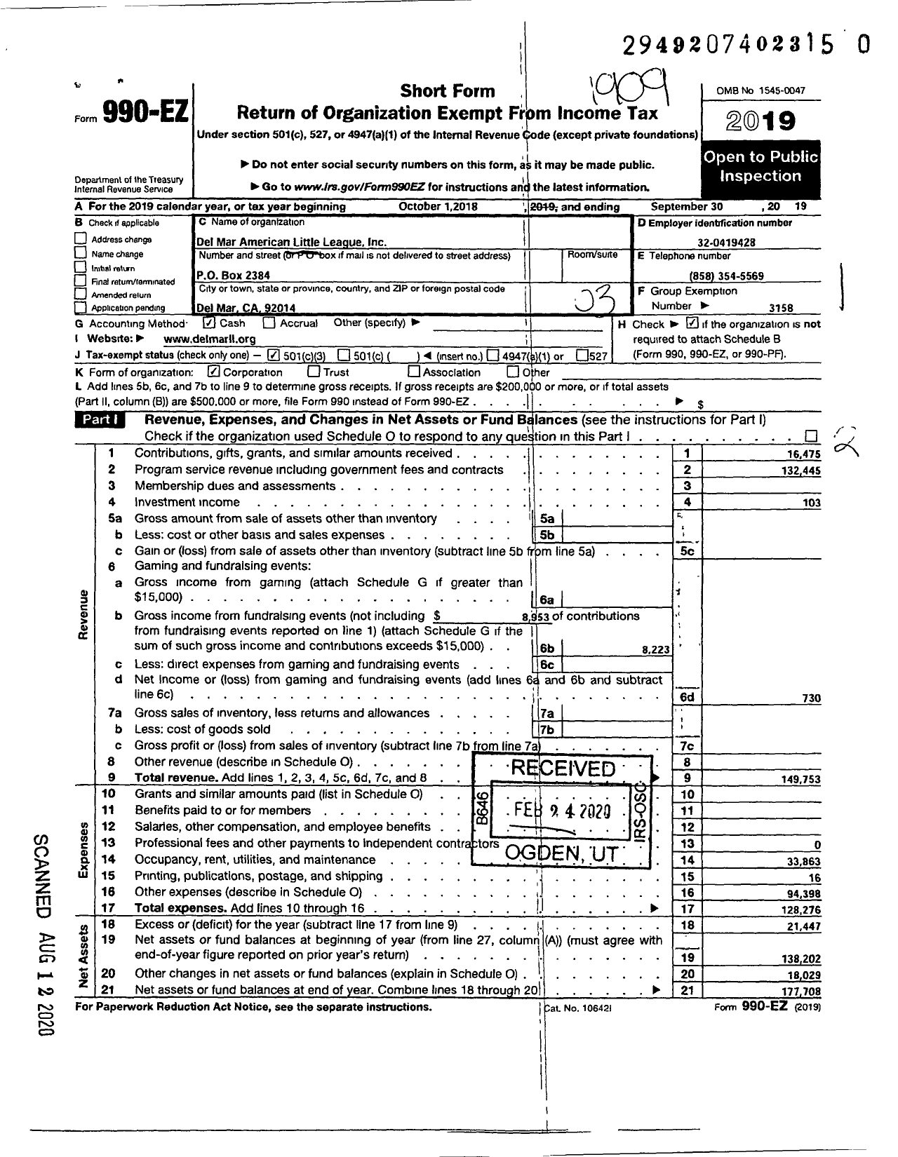 Image of first page of 2018 Form 990EZ for Little League Baseball - 93043 Del Mar LL