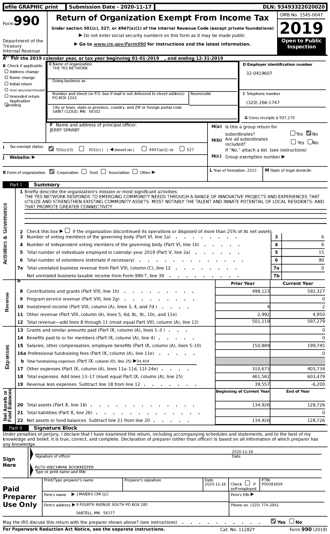 Image of first page of 2019 Form 990 for The Yes Network