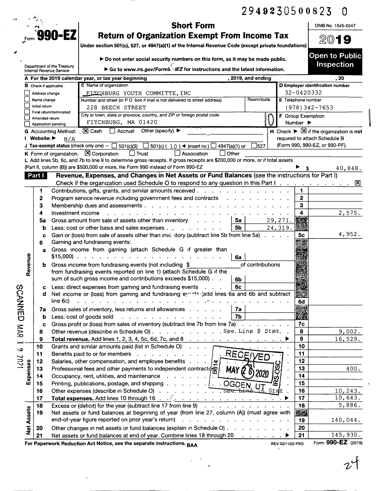 Image of first page of 2019 Form 990EO for Fitchburg Youth Committee