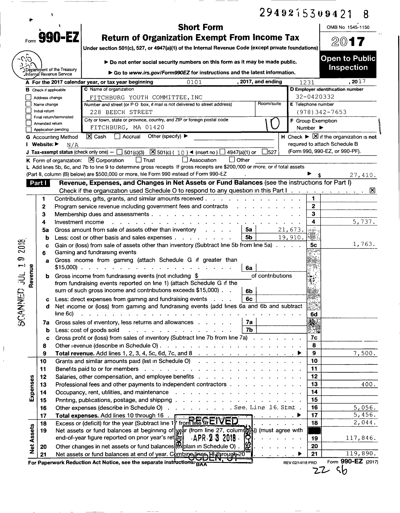 Image of first page of 2017 Form 990EO for Fitchburg Youth Committee