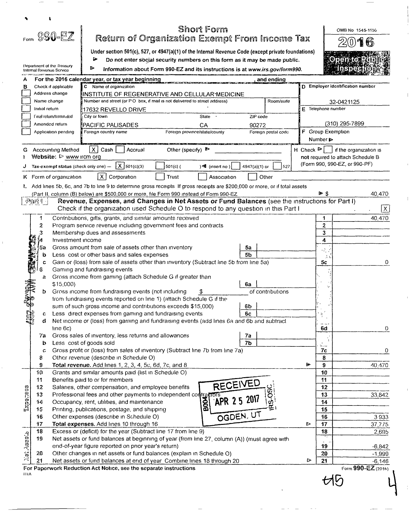 Image of first page of 2016 Form 990EZ for Institute of Regenerative and Cellular Medicine