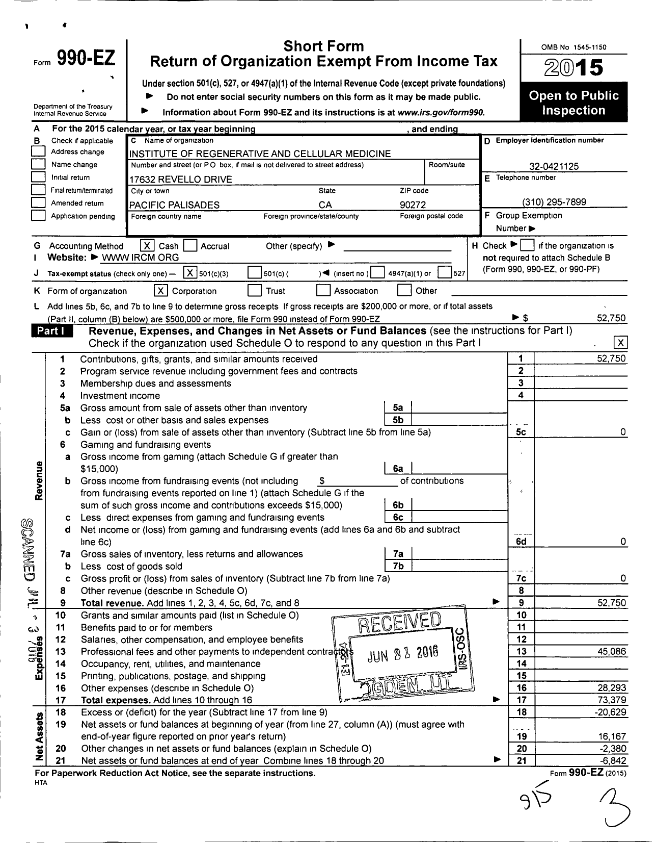 Image of first page of 2015 Form 990EZ for Institute of Regenerative and Cellular Medicine