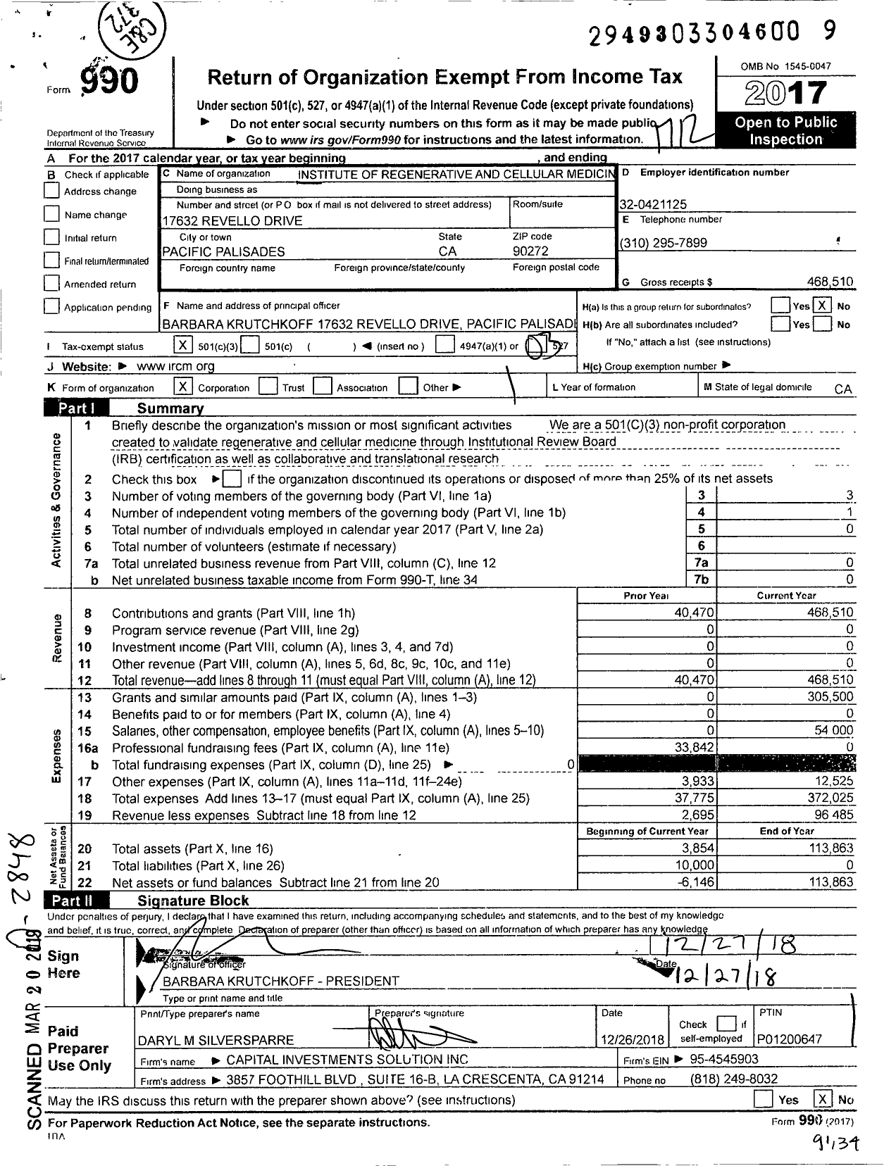 Image of first page of 2017 Form 990 for Institute of Regenerative and Cellular Medicine