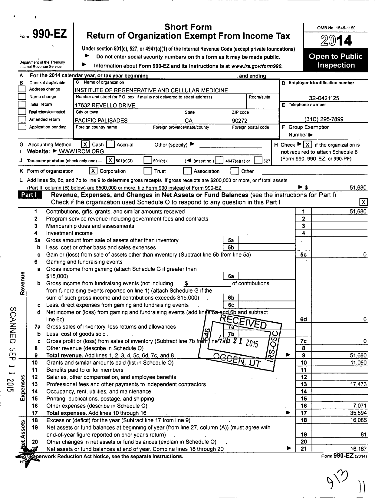 Image of first page of 2014 Form 990EZ for Institute of Regenerative and Cellular Medicine