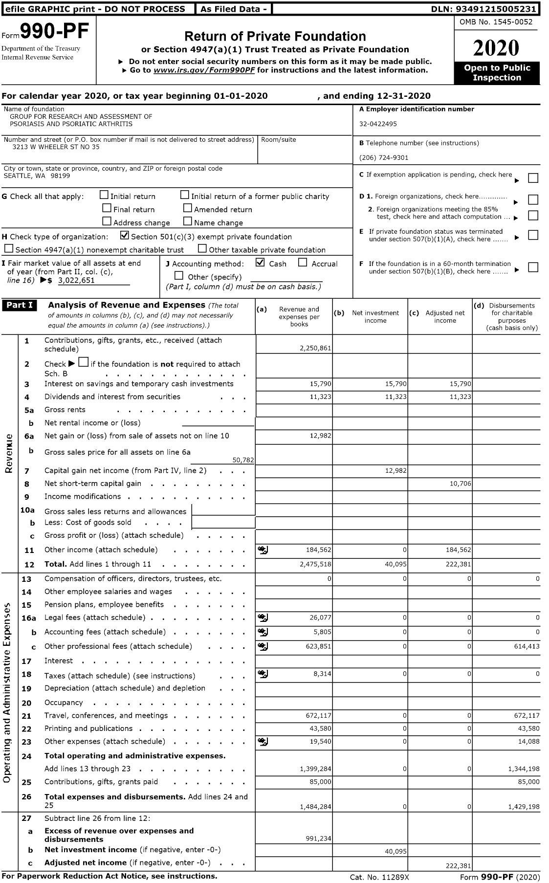 Image of first page of 2020 Form 990PF for Group for Research and Assessment of Psoriasis and Psoriatic Arthritis