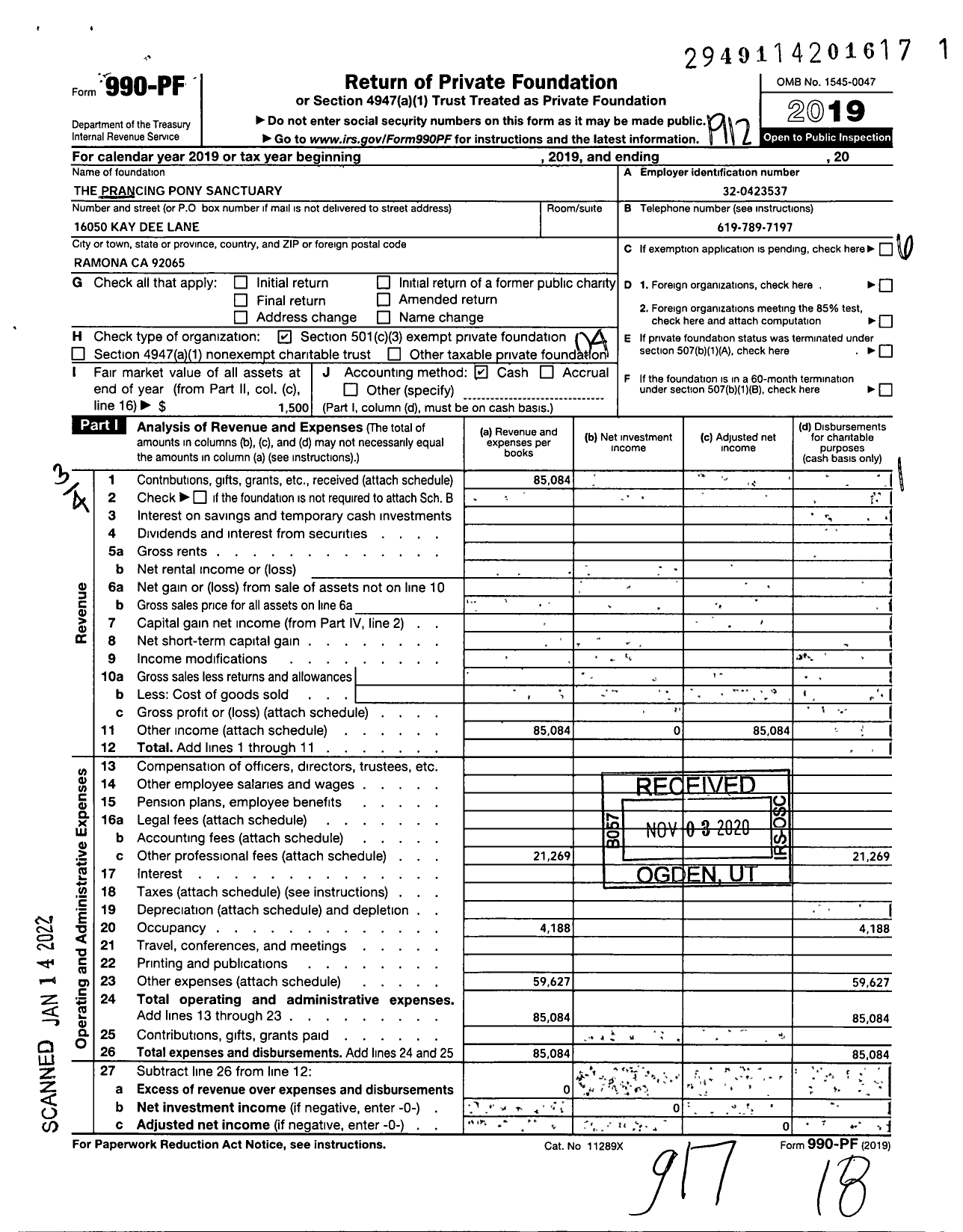 Image of first page of 2019 Form 990PF for Prancing Pony Sanctuary