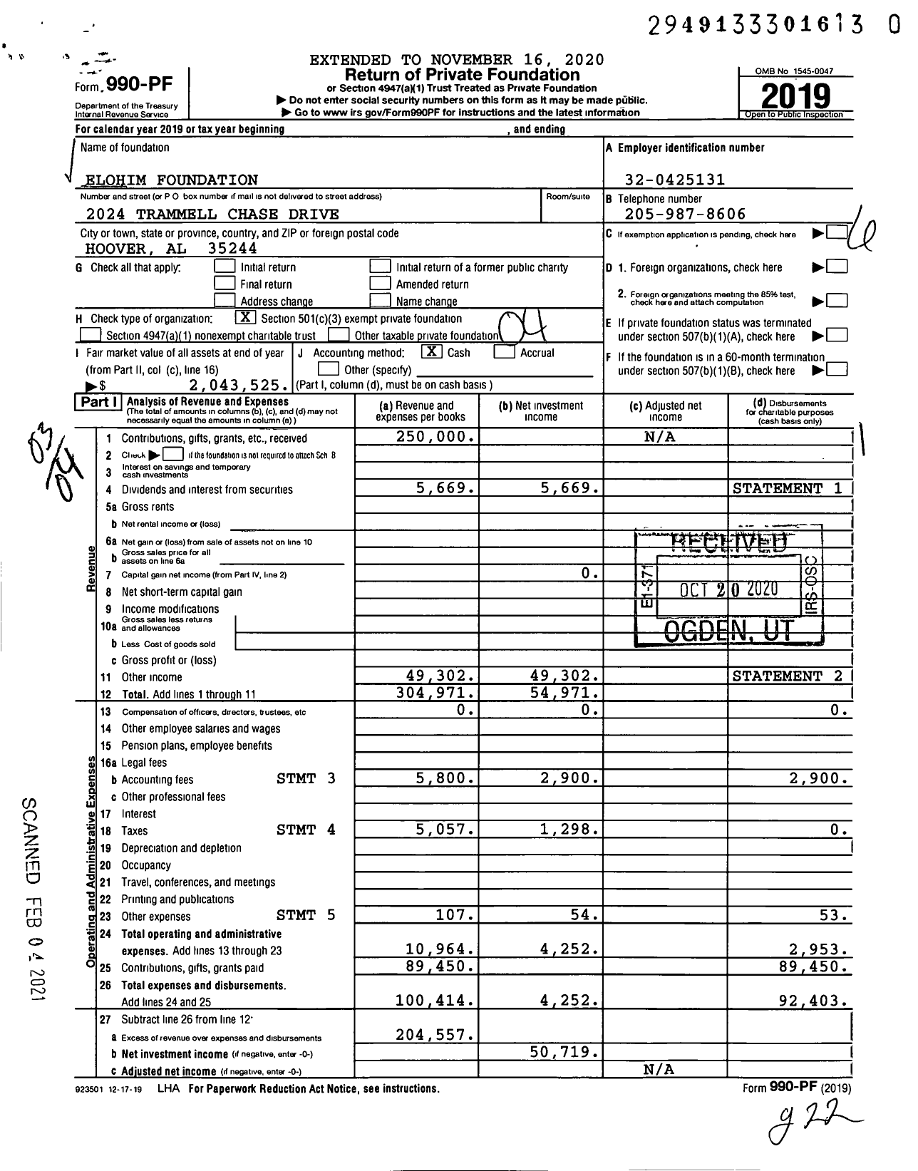 Image of first page of 2019 Form 990PF for Elohim Foundation