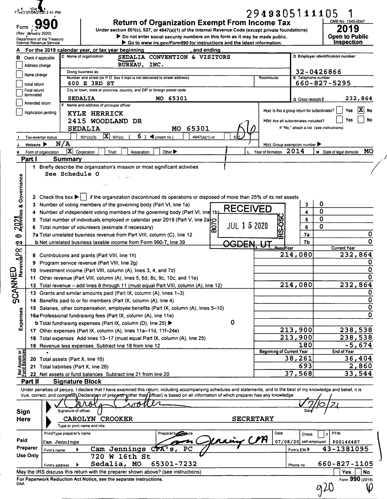 Image of first page of 2019 Form 990O for Sedalia Convention and Visitors Bureau