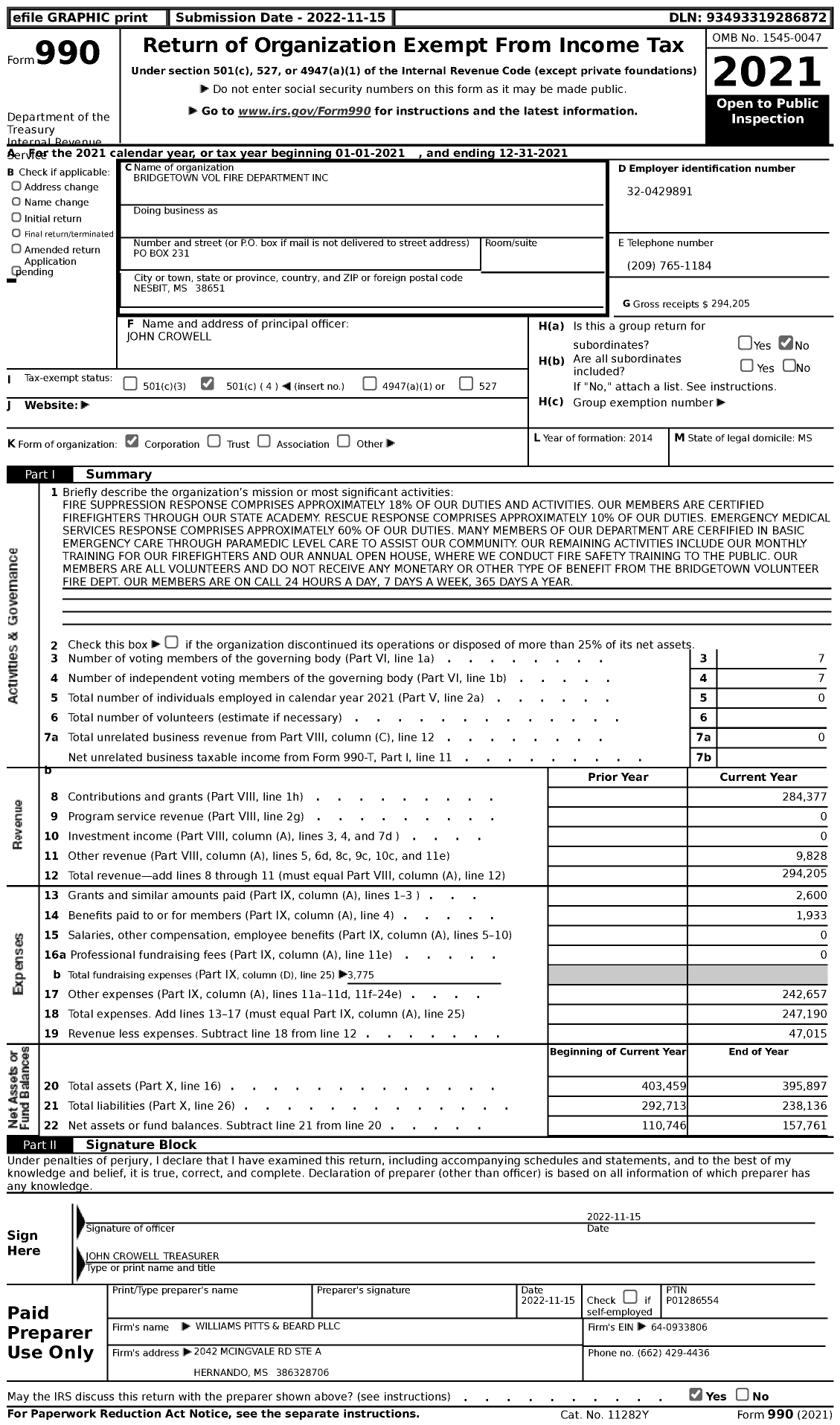 Image of first page of 2021 Form 990 for Bridgetown Volunteer Fire Department