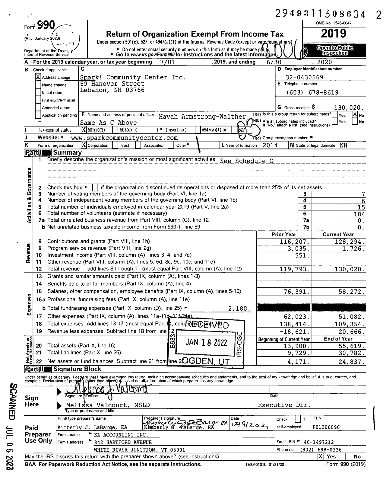 Image of first page of 2019 Form 990 for Spark Community Center