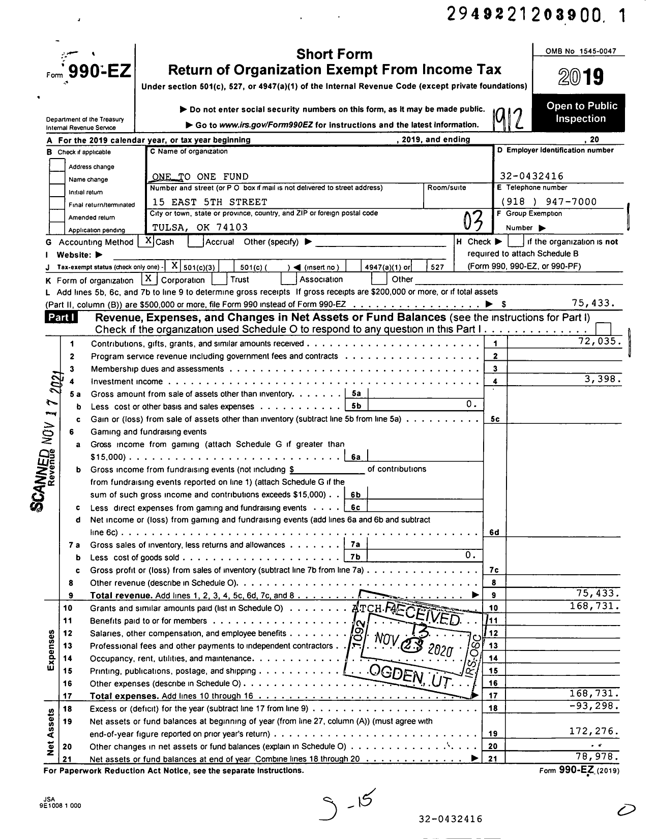 Image of first page of 2019 Form 990EZ for One To One Fund