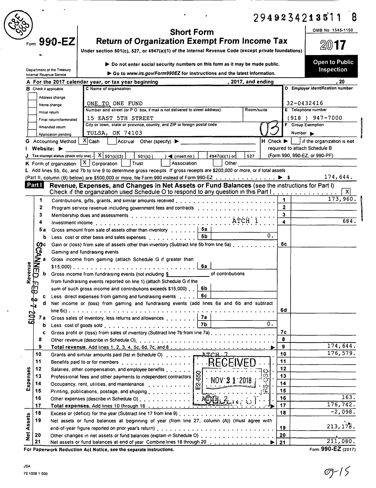 Image of first page of 2017 Form 990EZ for One To One Fund