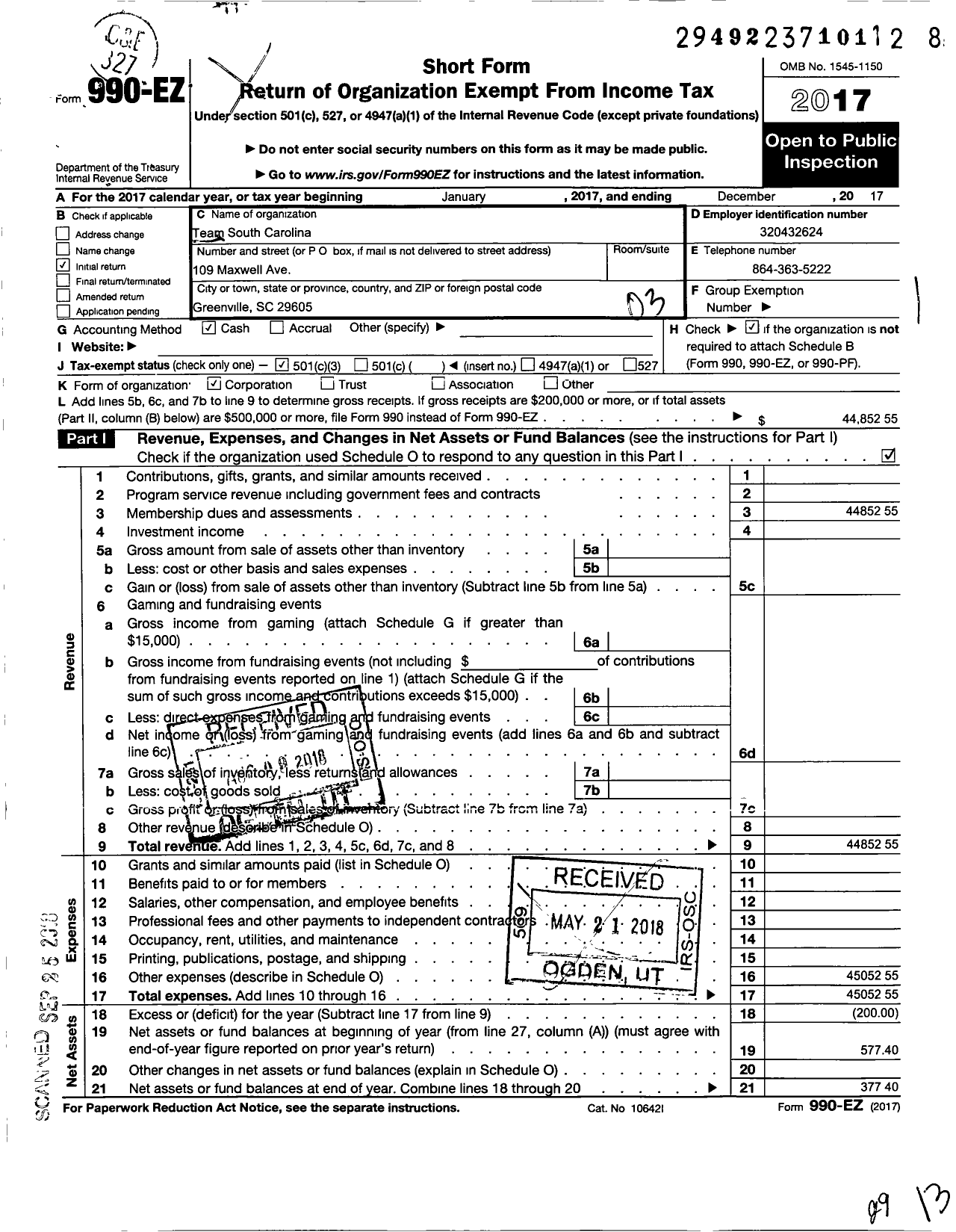 Image of first page of 2017 Form 990EZ for Team South Carolina