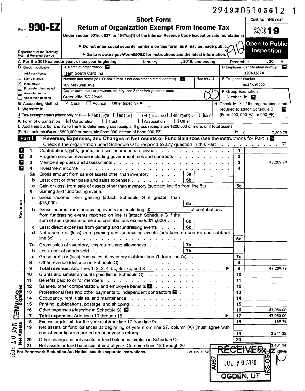 Image of first page of 2019 Form 990EZ for Team South Carolina