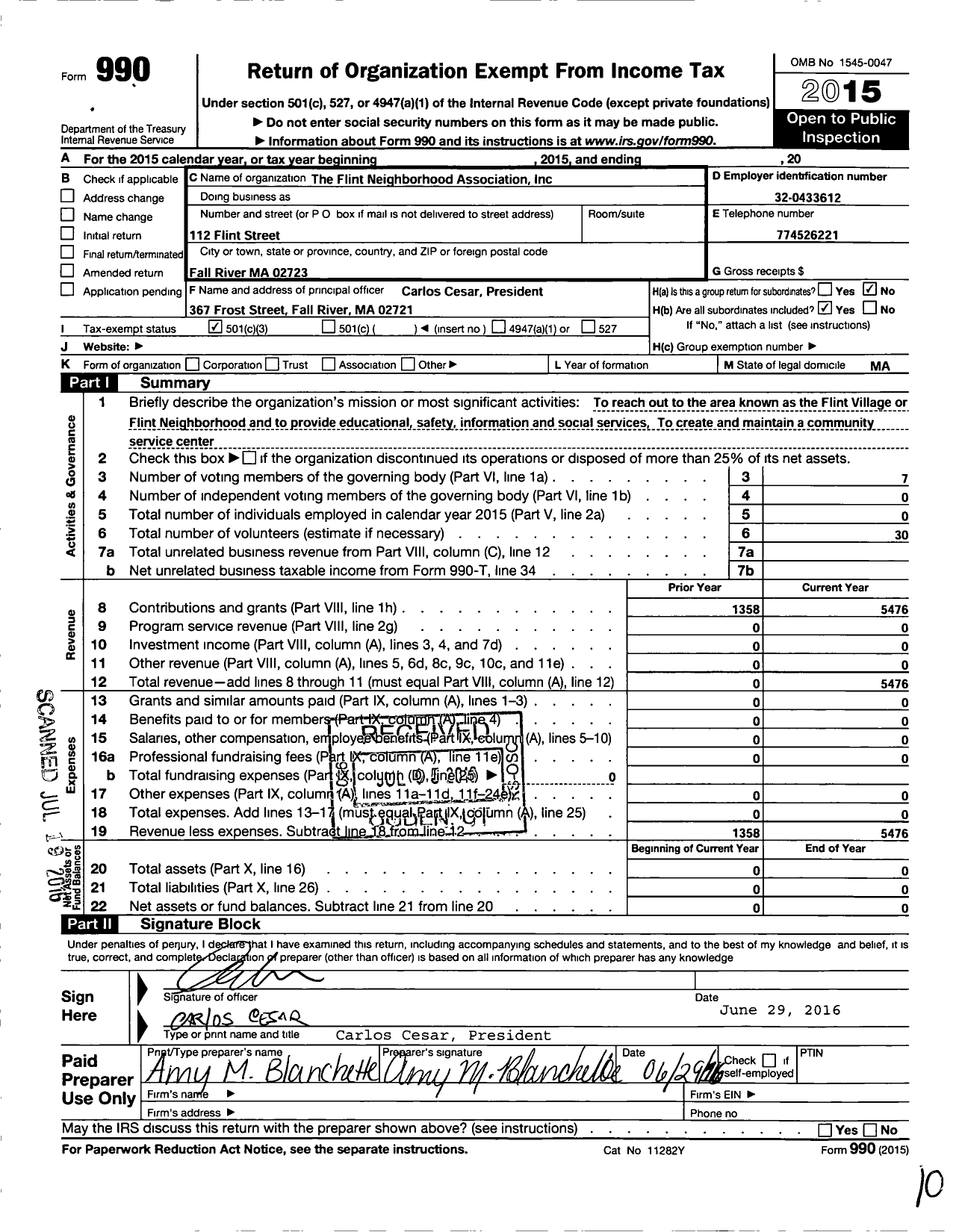 Image of first page of 2015 Form 990 for Flint Neighborhood Association