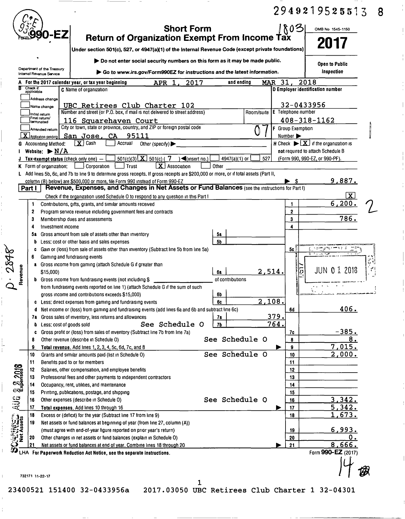 Image of first page of 2017 Form 990EO for UBC Retirees Club Charter 102