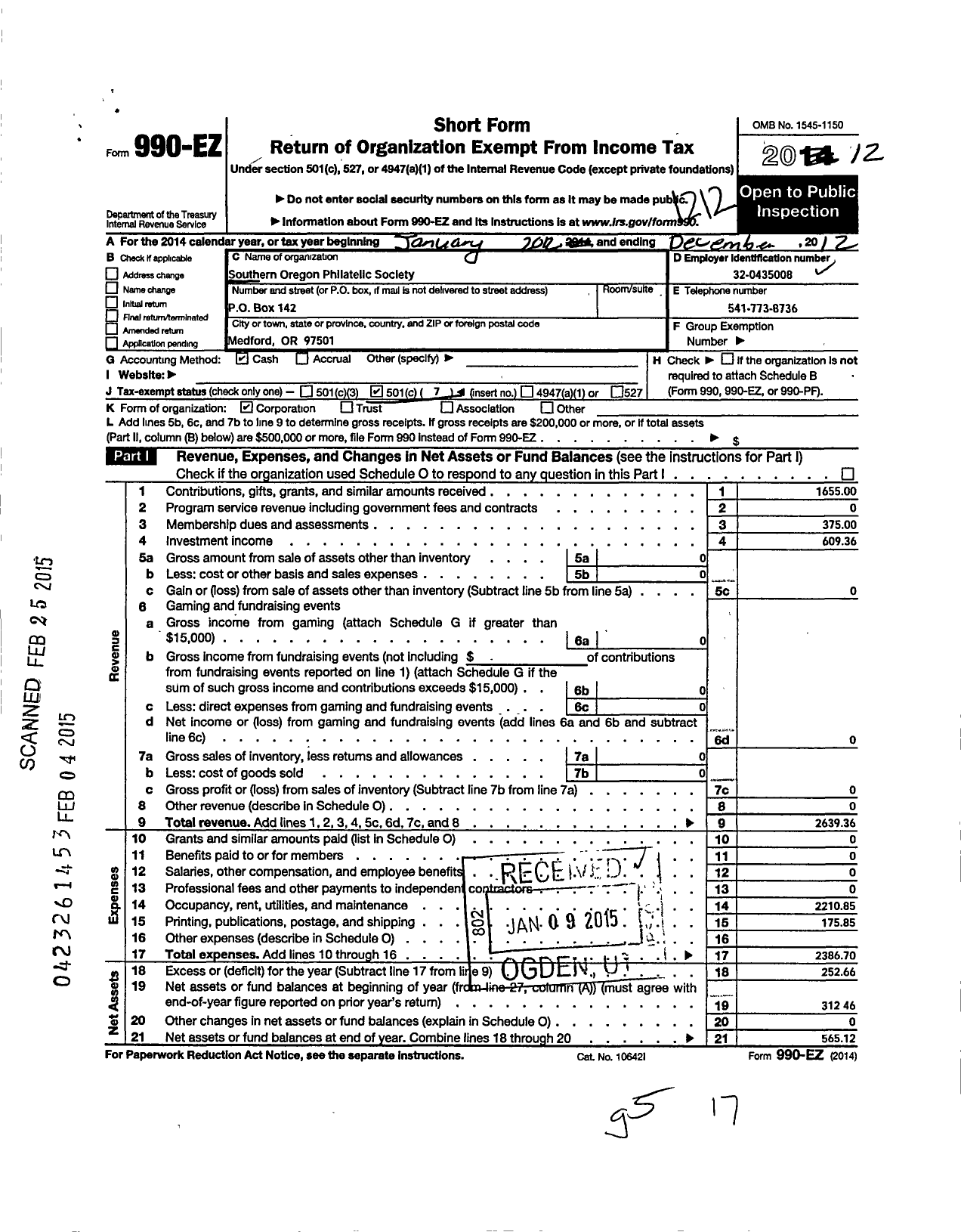 Image of first page of 2012 Form 990EO for Southern Oregon Philatelic Society