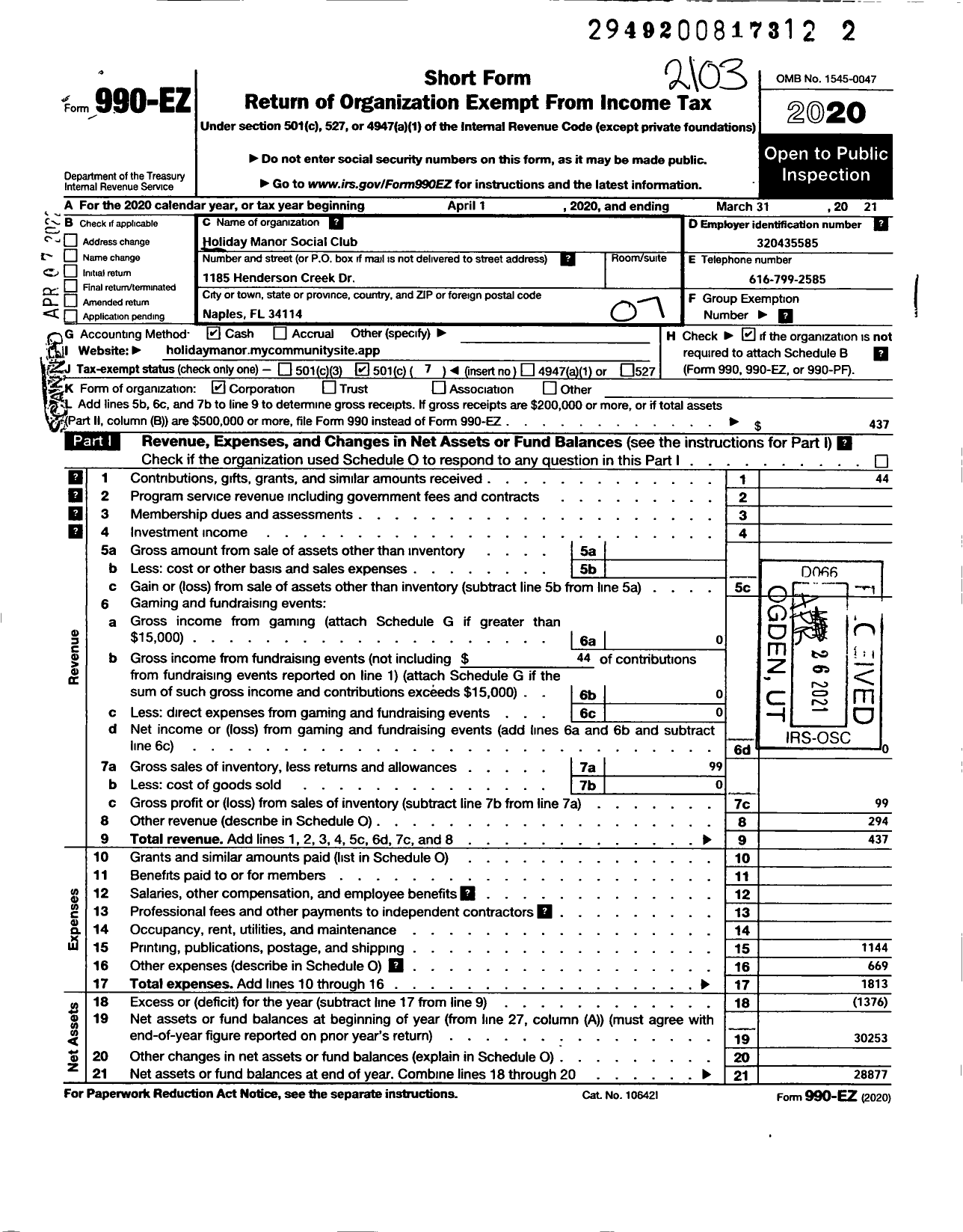 Image of first page of 2020 Form 990EO for Holiday Manor Social Club