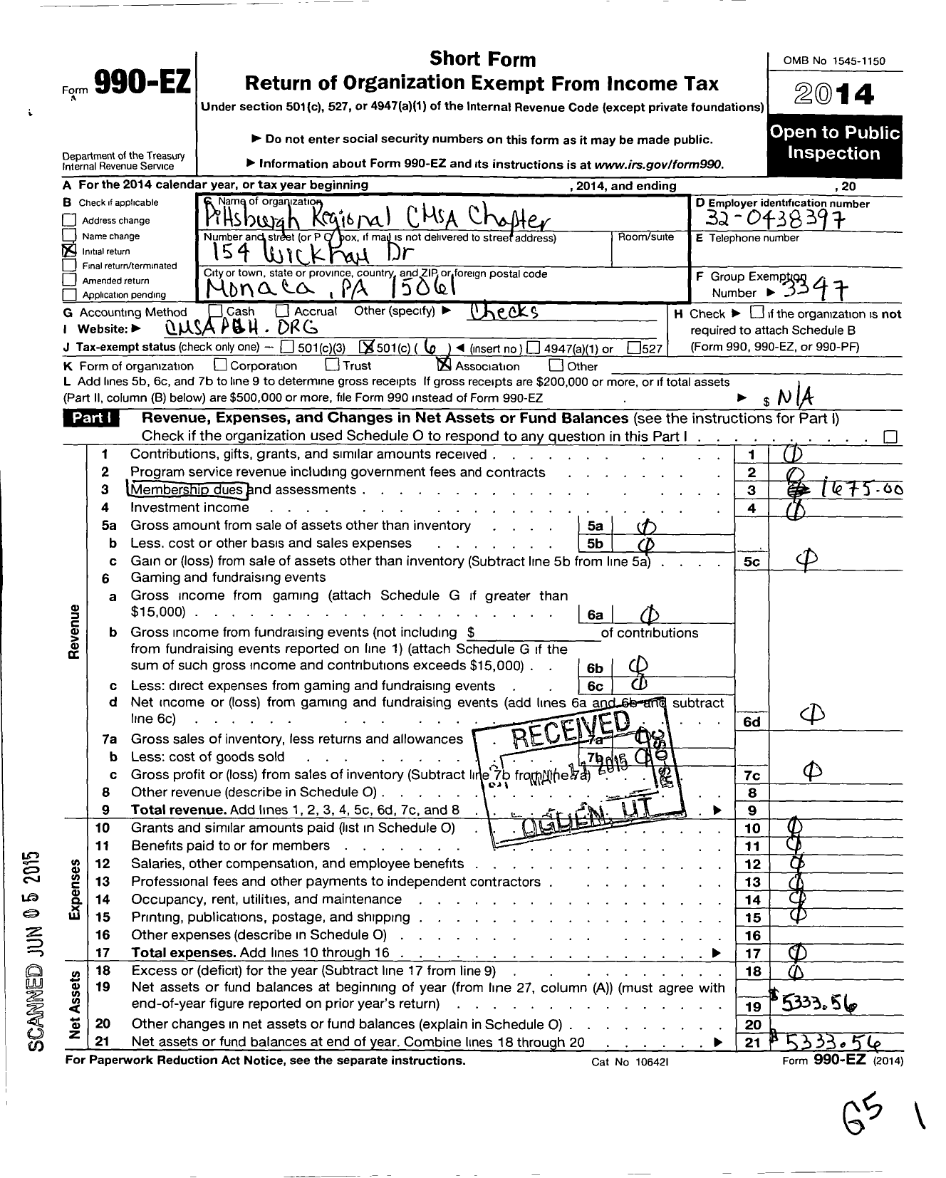 Image of first page of 2014 Form 990EO for Case Management Society of America / Pittsburgh Regional Cmsa Chapter