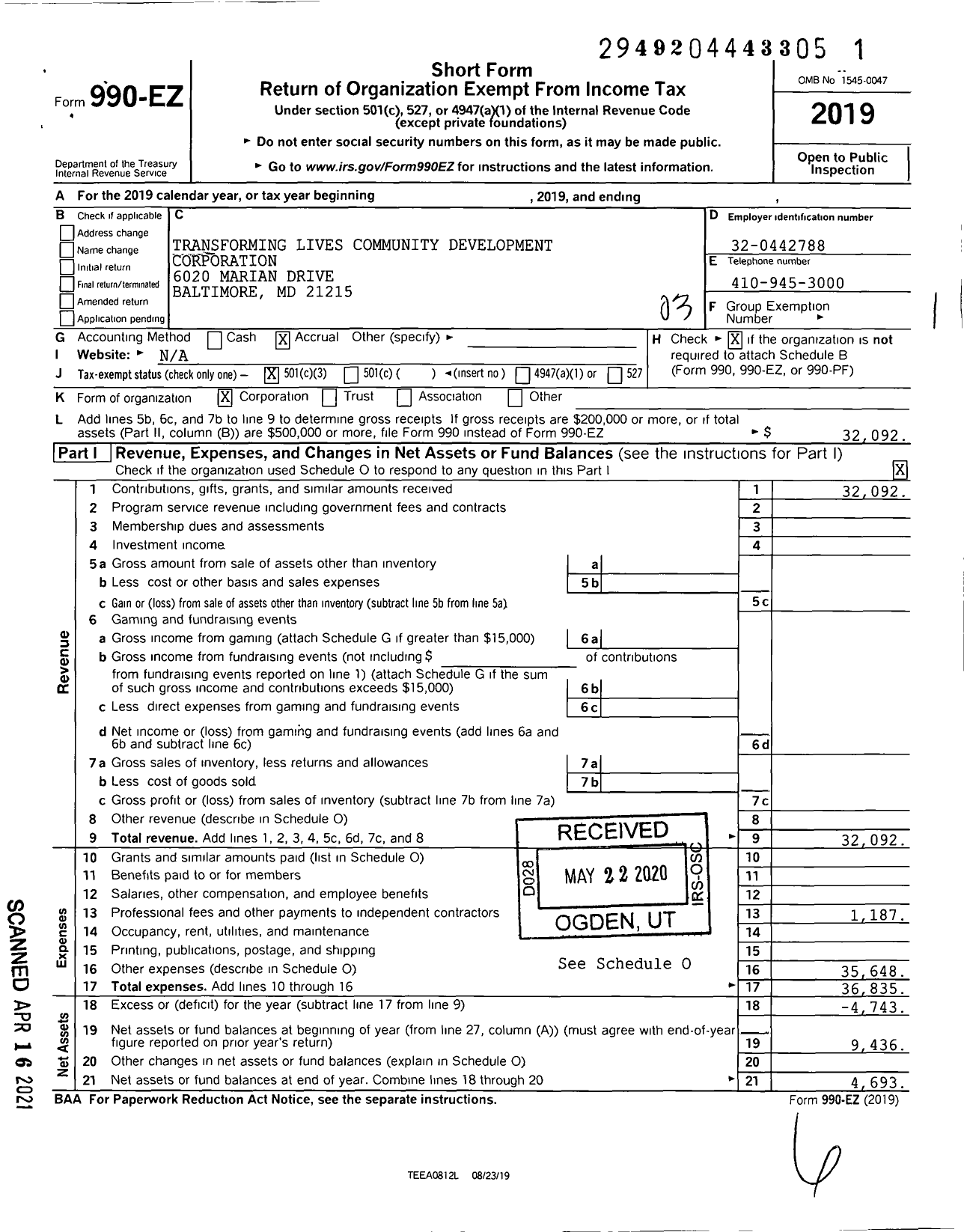 Image of first page of 2019 Form 990EZ for Transforming Lives Community Development Corporation