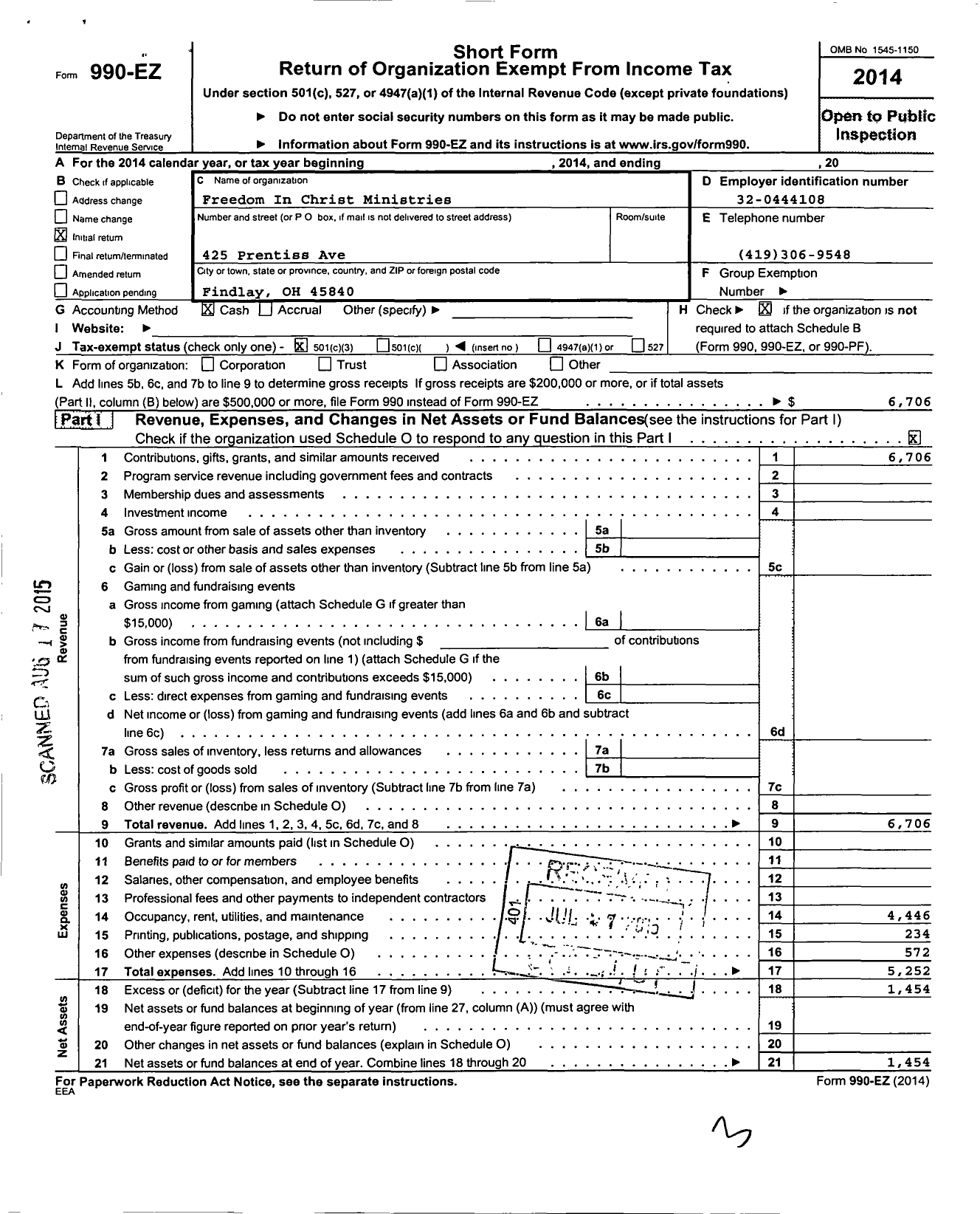 Image of first page of 2014 Form 990EZ for Freedom In Christ Ministries