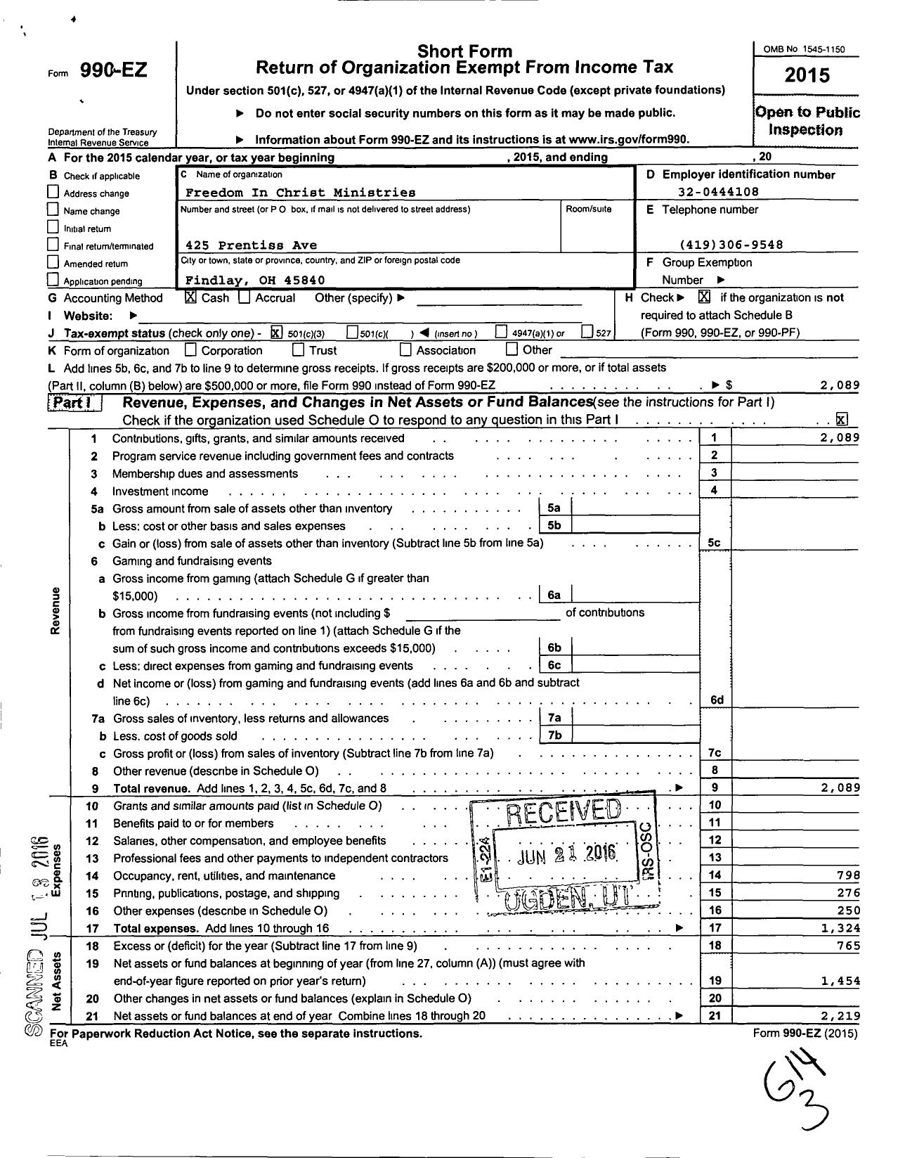 Image of first page of 2015 Form 990EZ for Freedom In Christ Ministries