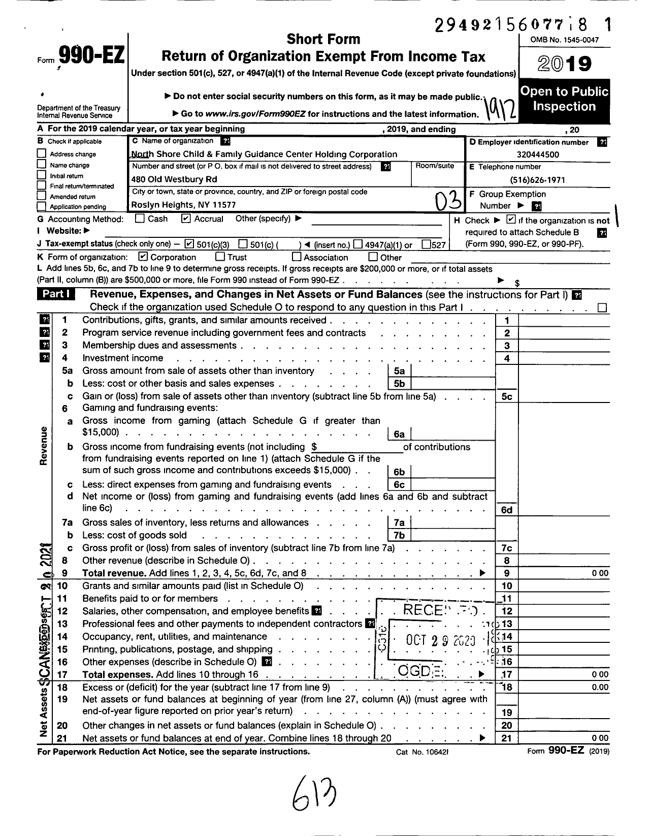 Image of first page of 2019 Form 990EZ for North Shore Child and Family Guidance Association Holding Corporation