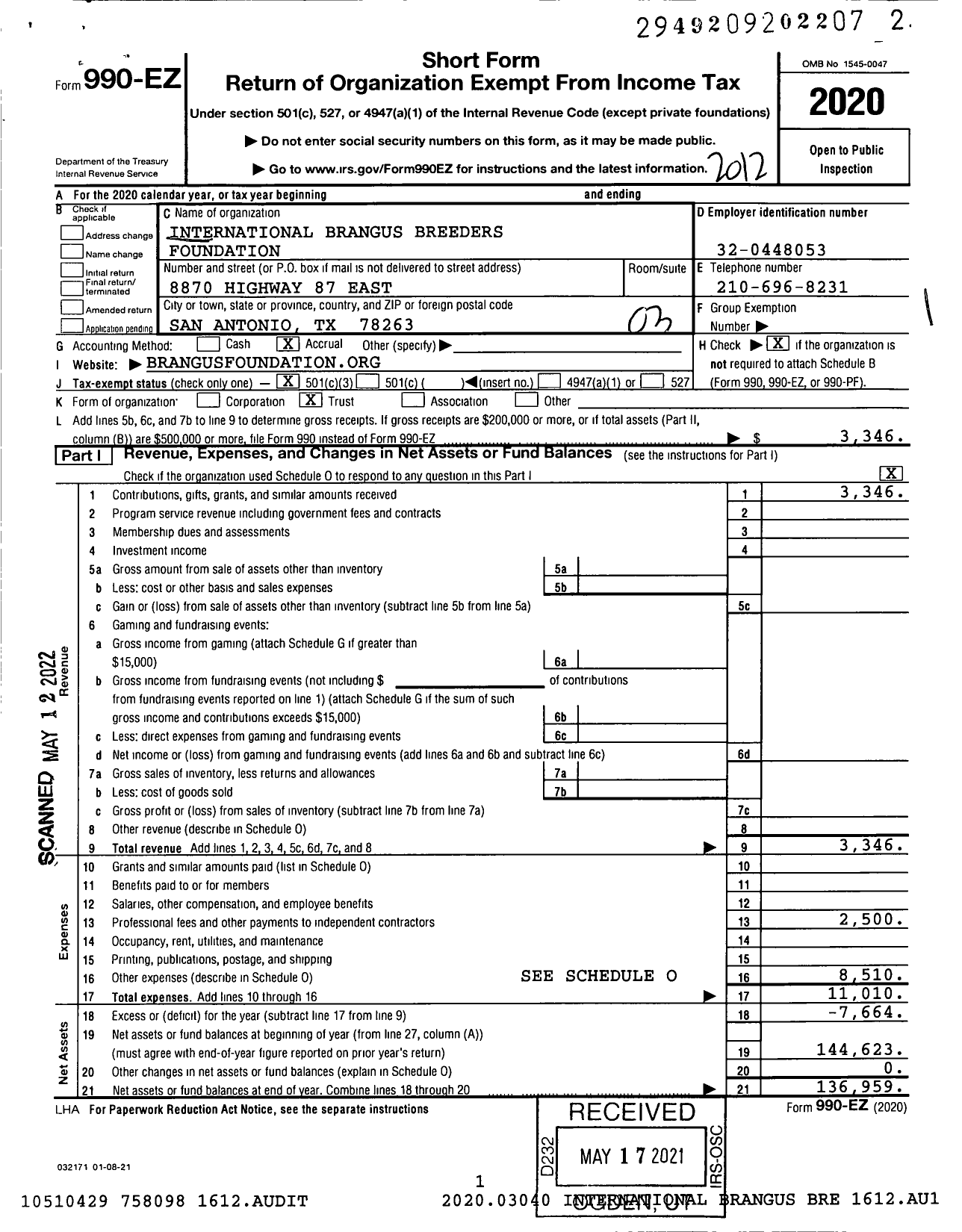 Image of first page of 2020 Form 990EZ for International Brangus Breeders Foundation