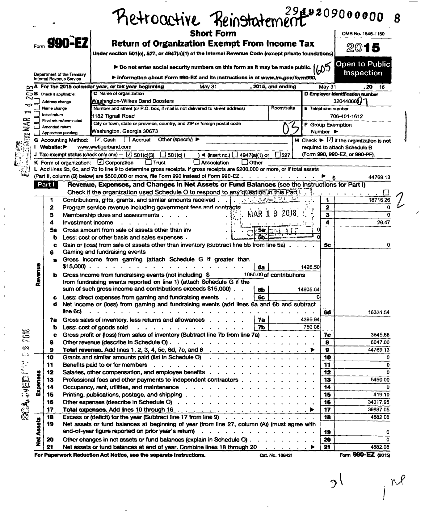 Image of first page of 2015 Form 990EZ for Washington-Wilkes Band Boosters